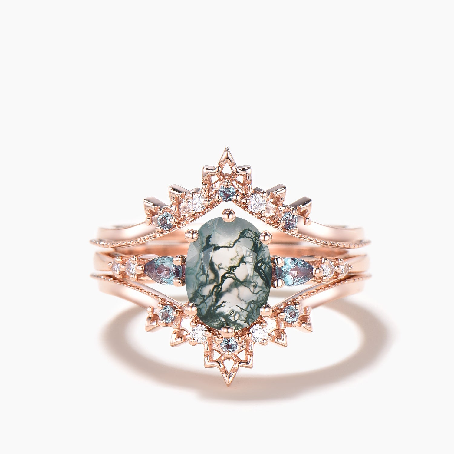 Natural Oval Cut Moss Agate Engagement Ring with Alexandrite & Diamond Accents - Wedding Band Enhancer for Bridal Jewelry & Special Occasions