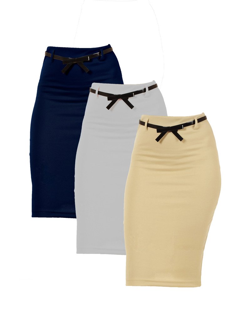 Dinamit Jeans 3 Pack Women's High Waist Below Knee Pencil Skirts - Stretchy Slim Fit Denim Skirts for Work, Office & Casual Outfits