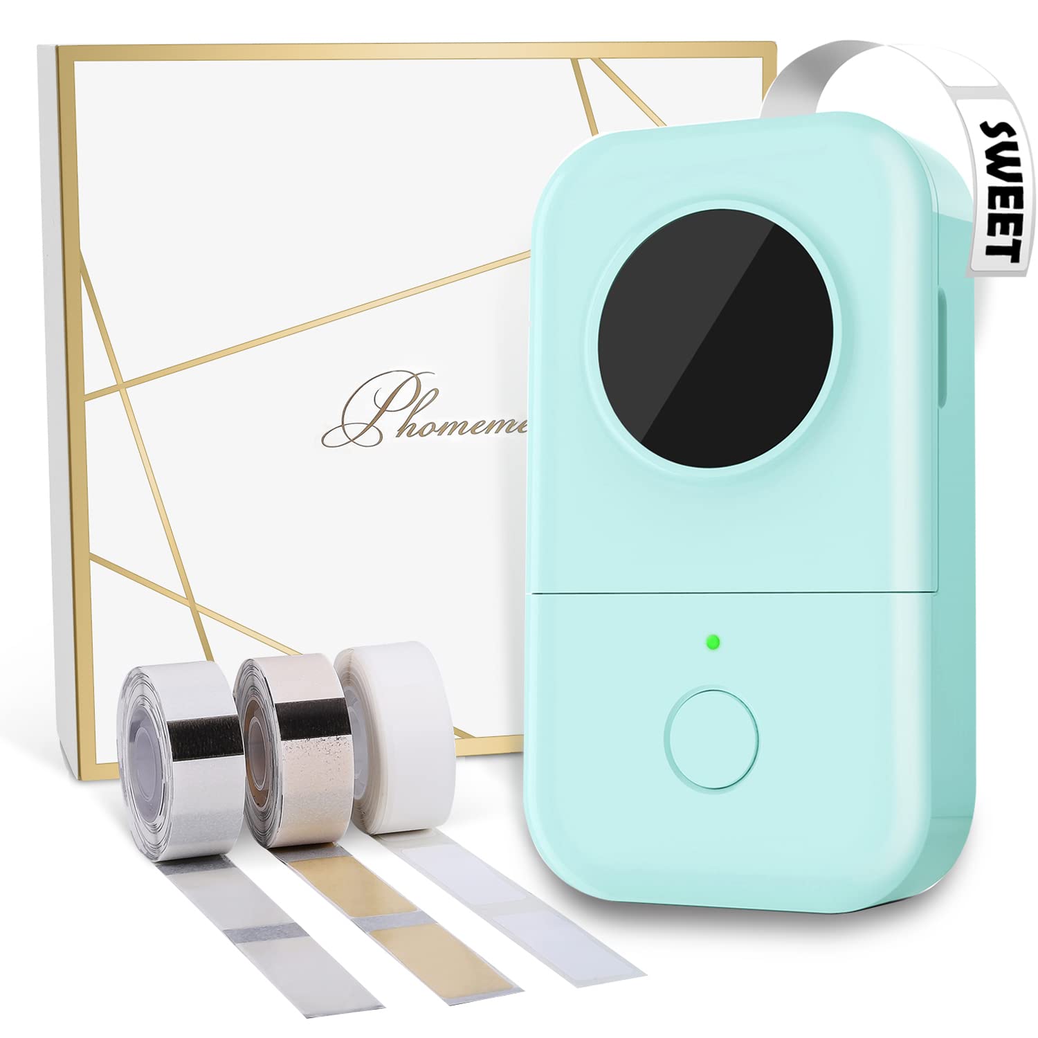 Phomemo D30 Mini Bluetooth Label Printer - Portable Inkless Thermal Label Maker with 1000+ Templates | Compact Design for Home Office, School Supplies & Pantry Organization | Includes 3 Rolls & Free App | Perfect for DIY Crafts, Shipping Labels & Barcode Printing (Green)