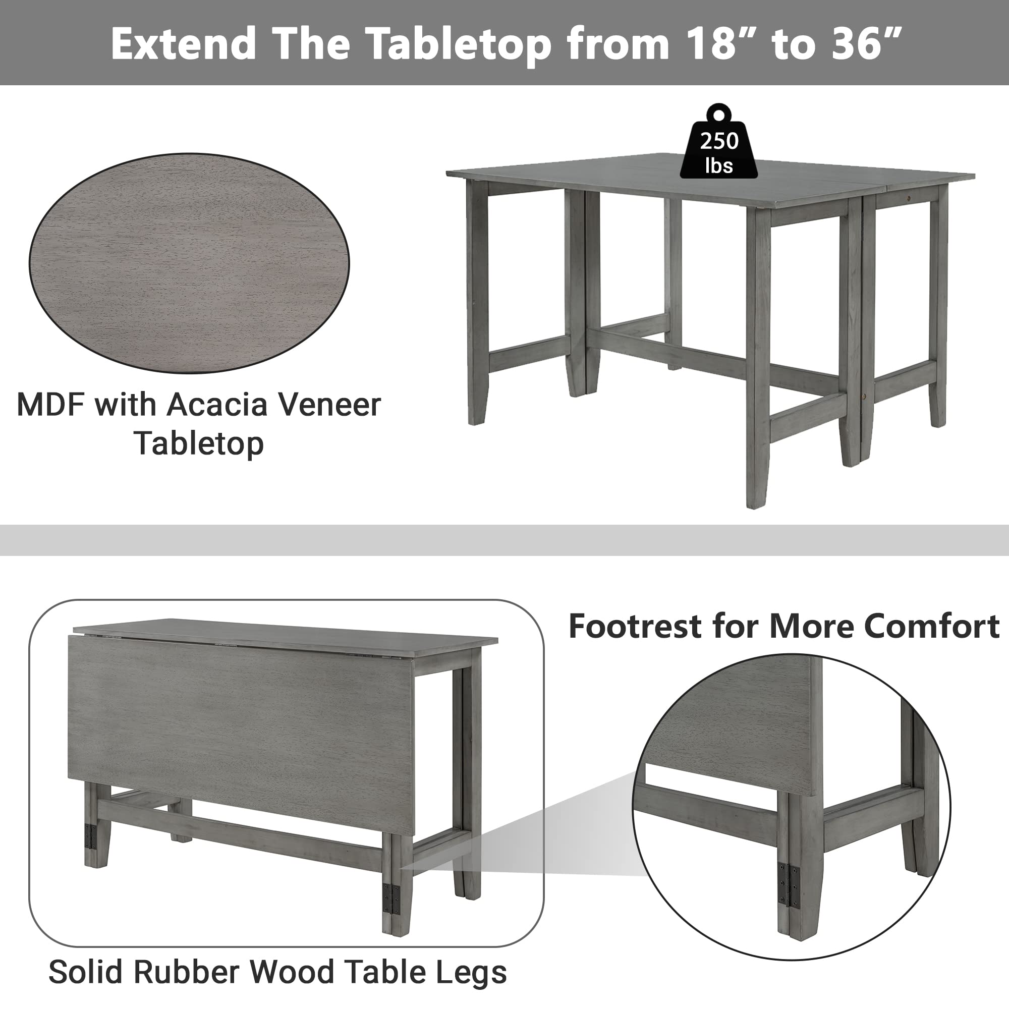 Knocbel Farmhouse 2-4 Person Rectangular Folding Dining Table - Solid Wood Kitchen & Small Space Furniture for Dining Room, Bar, Pub or Bistro - Standard Height (Gray) - Perfect for Apartments, Tiny Homes & Outdoor Entertaining