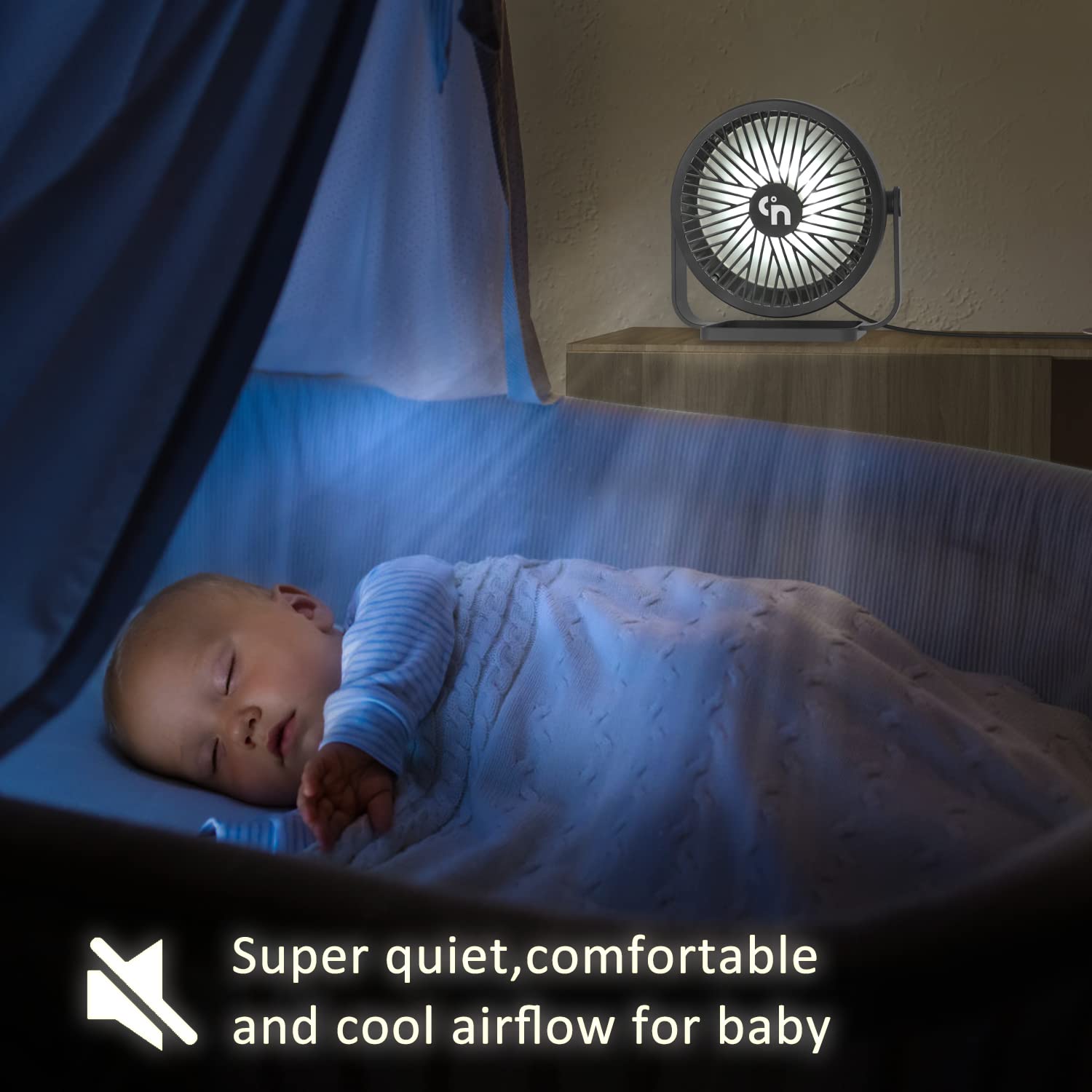 USB Desk Fan with LED Night Light - 3 Speed Adjustable, 360° Rotation, Quiet Cooling Mini Fan for Home & Office (5.3 Inch) - Perfect for Bedroom, Desk, Computer Workstation & Nightstand Use