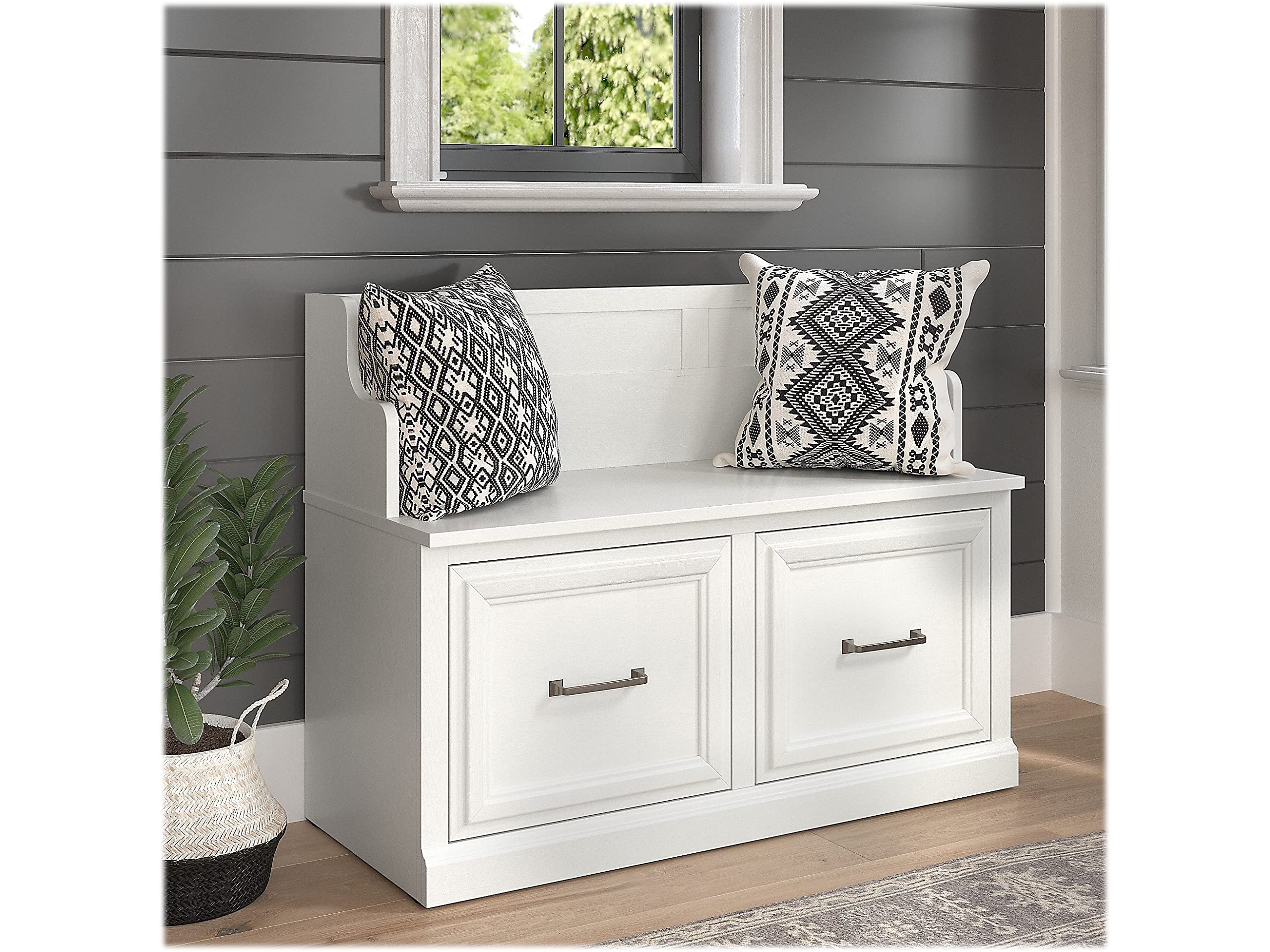 Bush Furniture Woodland 40W White Ash Entryway Bench with Storage Doors | Shoe Organizer for Mudroom, Foyer & Hallway | Perfect for Small Spaces & Home Entry Organization
