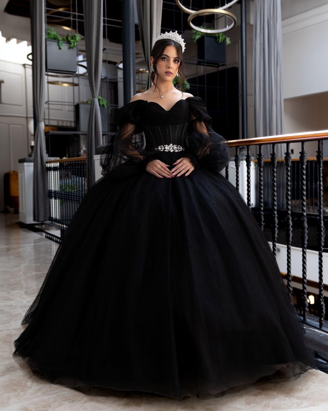 Elegant Black Princess Wedding Dress for Bride - Long Sleeve Ball Gown with Beaded Belt & Puffy Skirt | Perfect for Formal Weddings, Evening Galas & Special Occasions