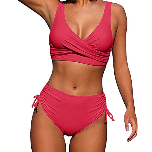 Women's High Waist Bikini Set - Split Wrap Lace Up Hollow Out Two Piece Swimsuit | Solid Color Bathing Suits for Beach, Pool & Summer Vacation
