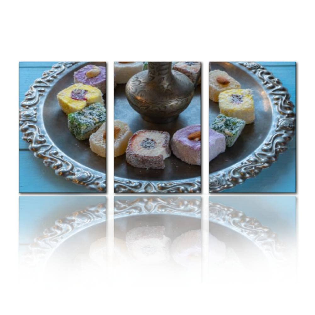 Turkish Delight & Jug Wall Art - Silver Silverware Tray Canvas Painting Decor 15x23 Inches - 3 Panel Set for Living Room, Bedroom & Kids Room | Home Decor, Dining Room Wall Art, Gift Idea