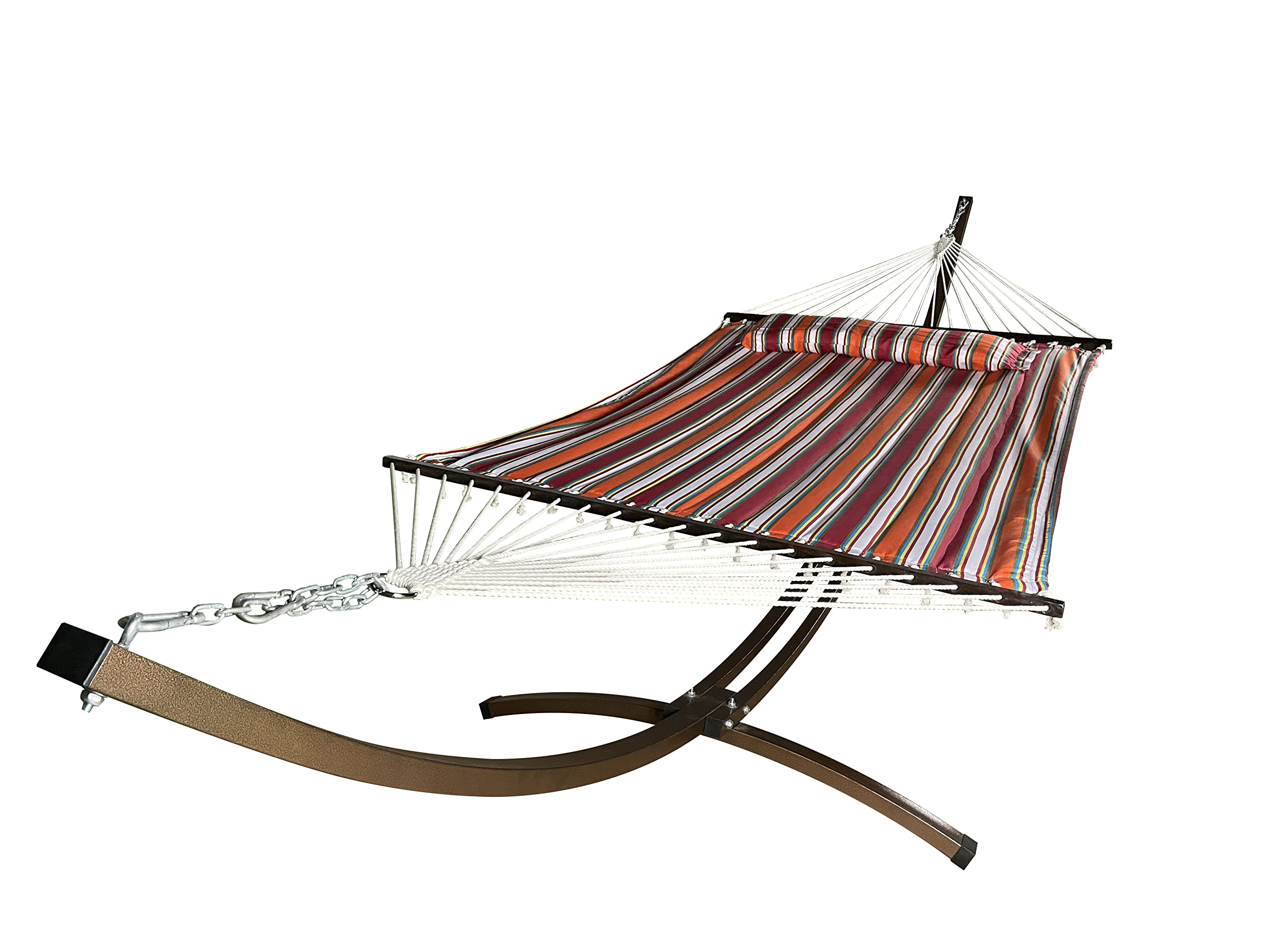 15 Ft. Heavy Duty Textured Bronze Steel Arc Hammock Stand with Premium Quilted Hammock Bed & Pillow – Indoor/Outdoor Use – Elegant Fiesta Stripe Design – Perfect for Backyard, Patio, Garden, and Beach Relaxation