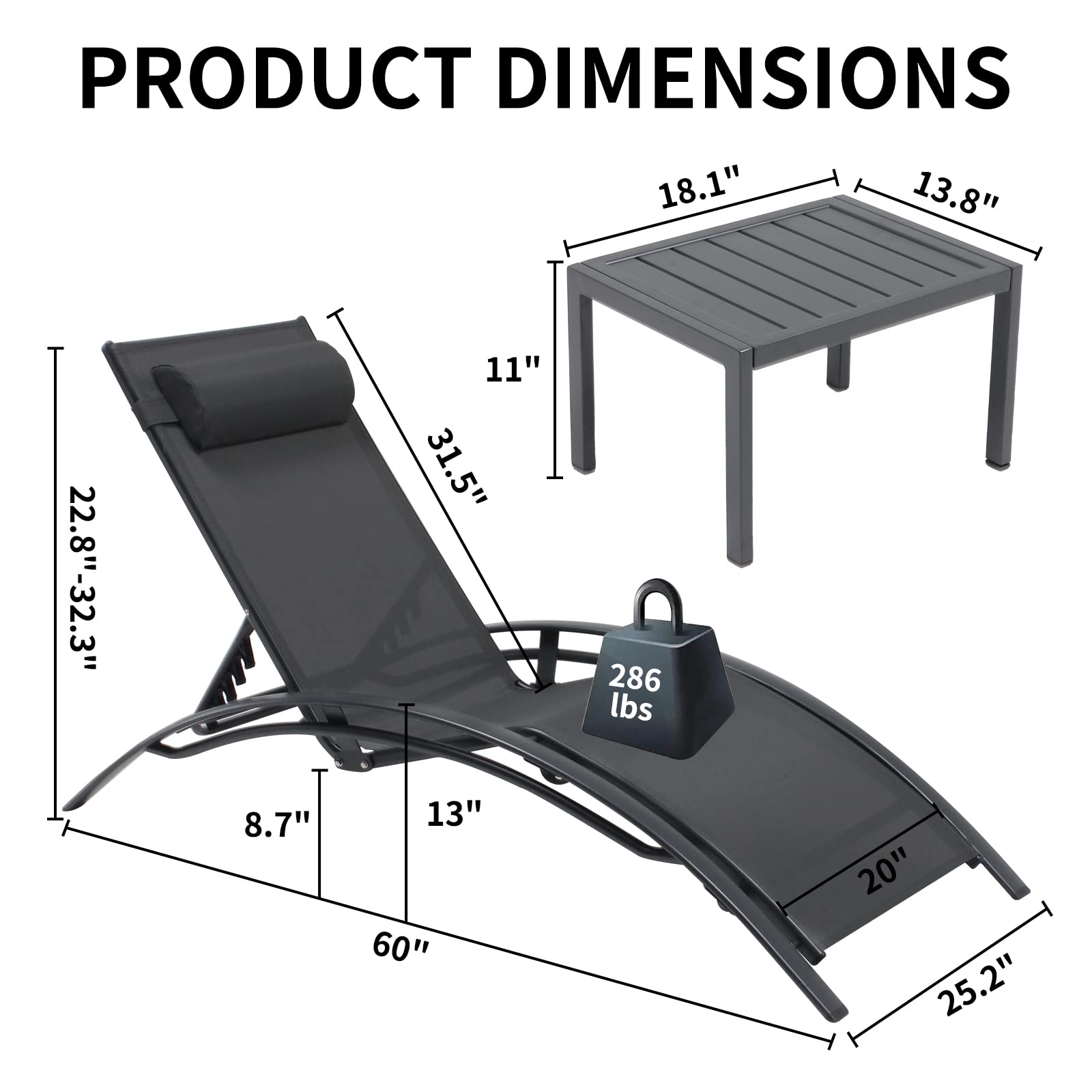 3-Piece Patio Chaise Lounge Chair Set - Aluminum Outdoor Reclining Sun Lounger with Adjustable Headrest & Side Table - Perfect for Poolside, Beach, Garden, Lawn & Backyard Relaxation (Black)