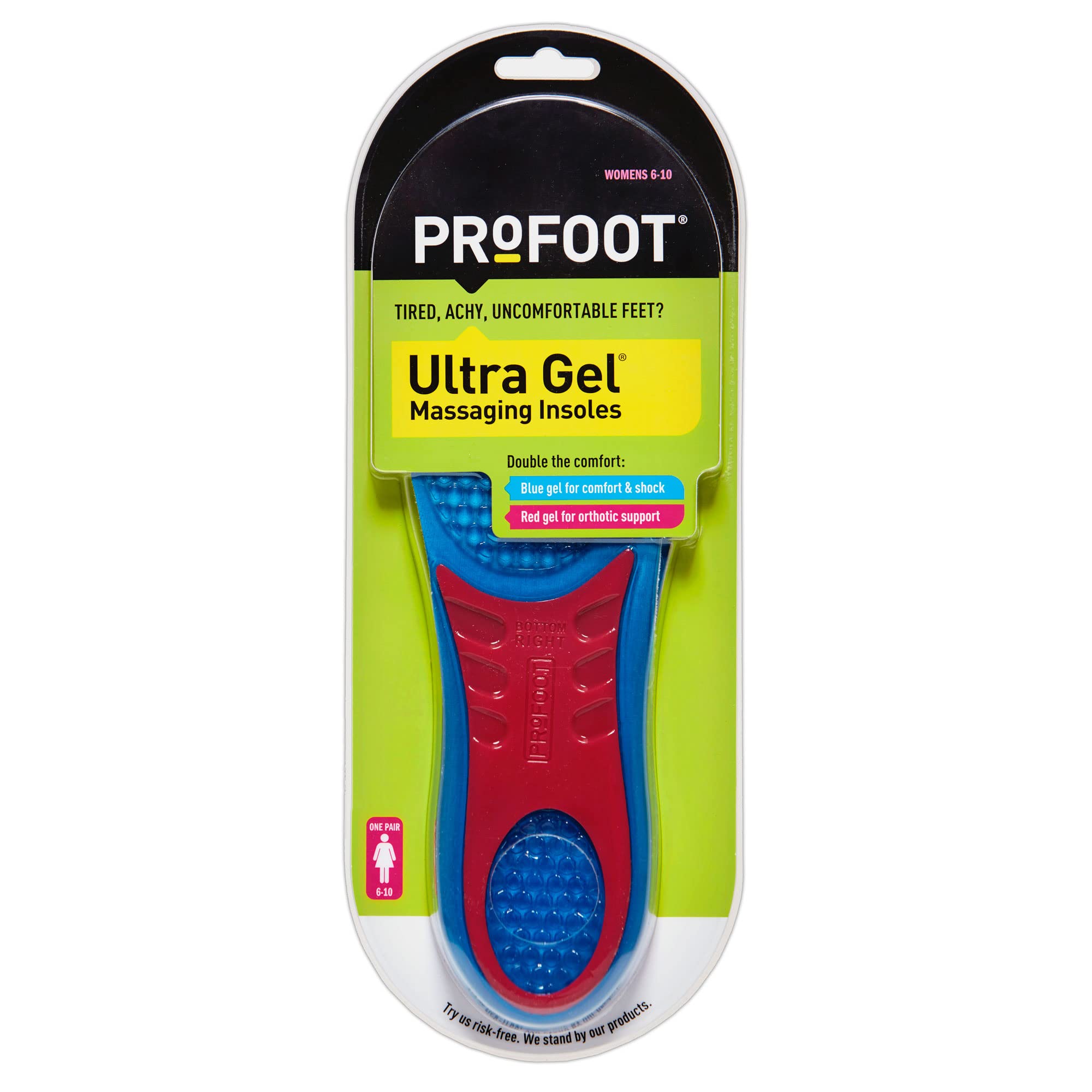ProFoot Ultra Gel Massaging Insoles for Women - Size 6-10 - 1 Pair - Arch Support & Pain Relief for Standing, Walking & Running