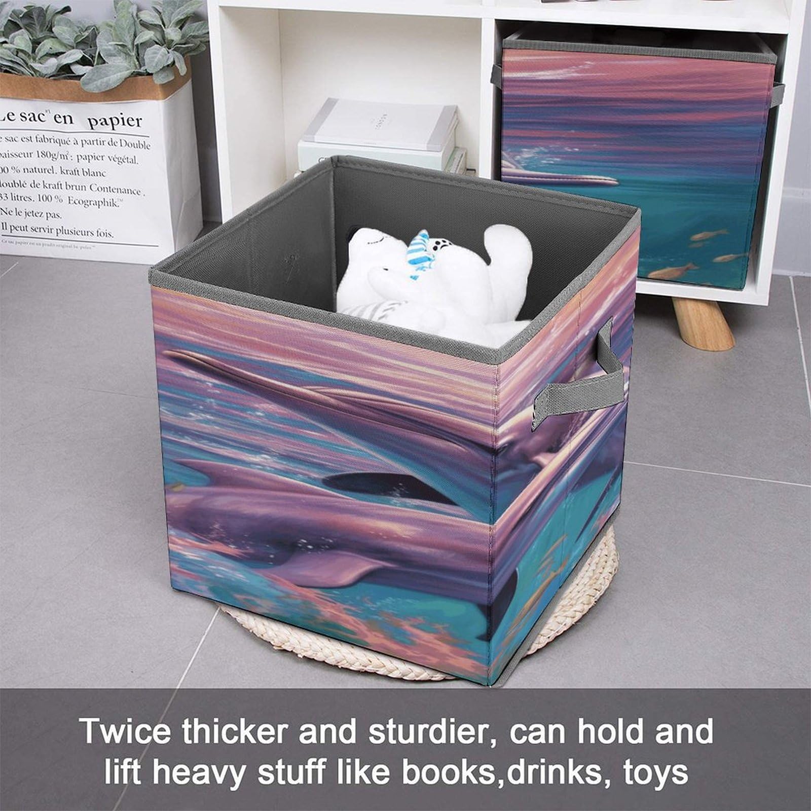 Collapsible Storage Cubes with Handles - 10.6×10.6 Inch Foldable Organizer Bins with Dolphin Art Print for Home, Office & Kids Room Organization - Perfect for Toys, Books & Clutter Control