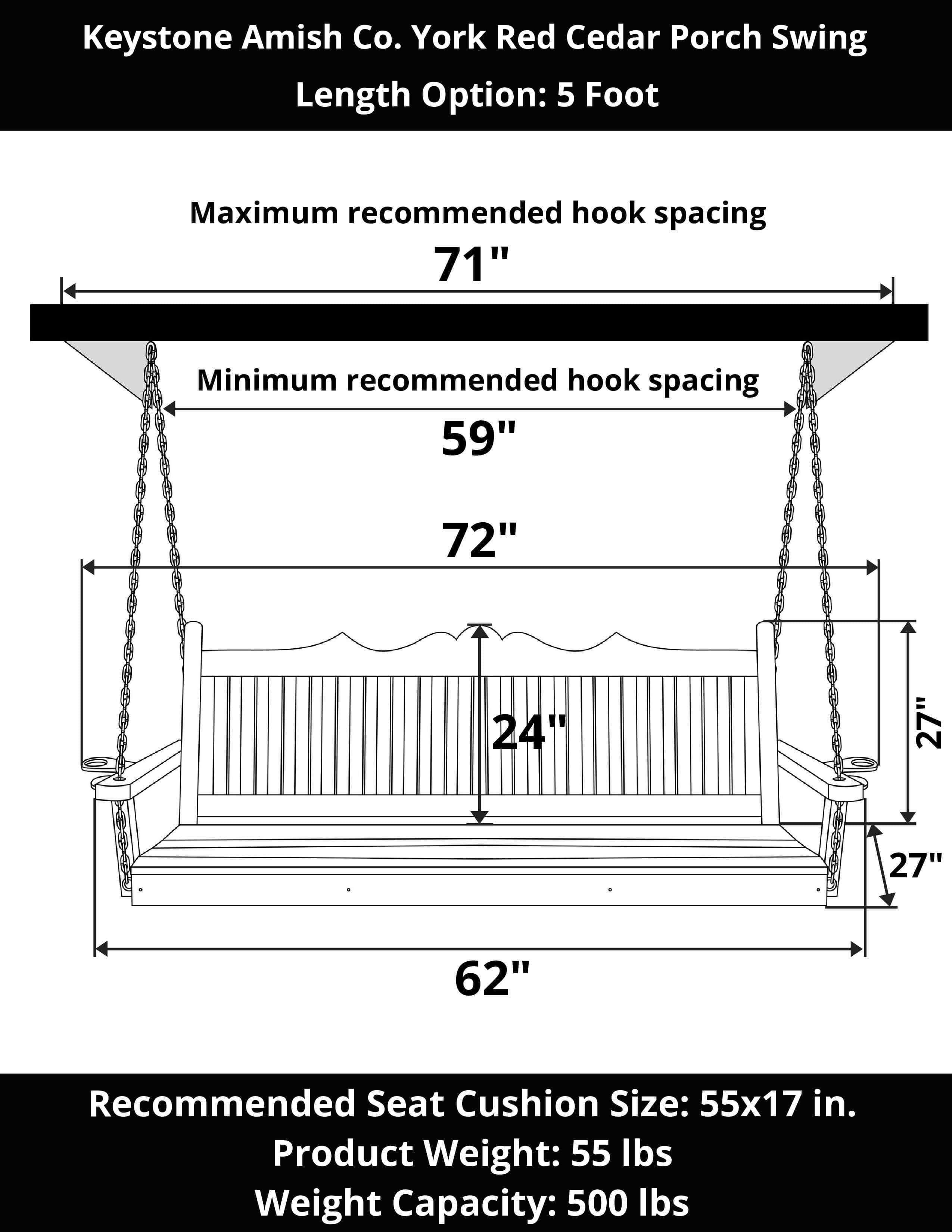 Keystone Amish Co. York Red Cedar Porch Swing - Handcrafted Outdoor Hanging Bench for Patio, Garden & Backyard Relaxation