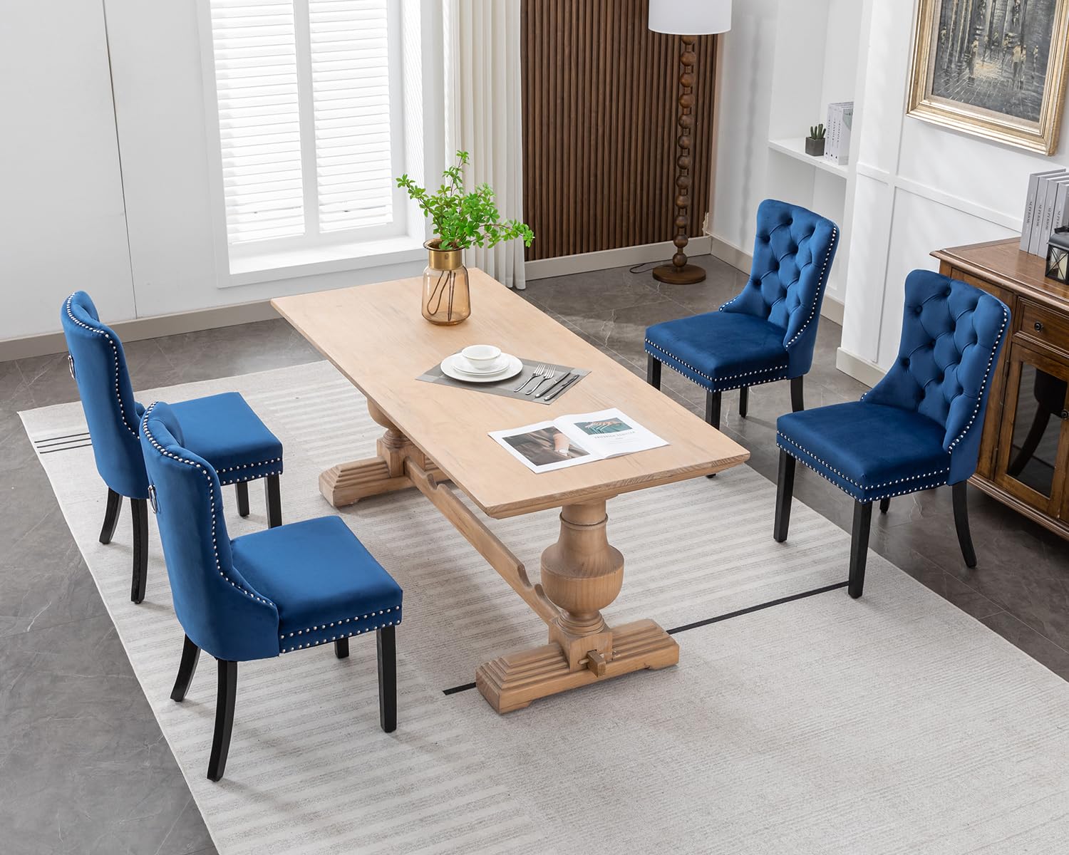 KCC Velvet Dining Chairs Set of 4 - Upholstered Tufted Modern Dining Room Chairs with Nailhead Trim & Solid Wood Legs, Nikki Collection in Elegant Blue - Perfect for Kitchen, Dining Room, Restaurant or Home Decor