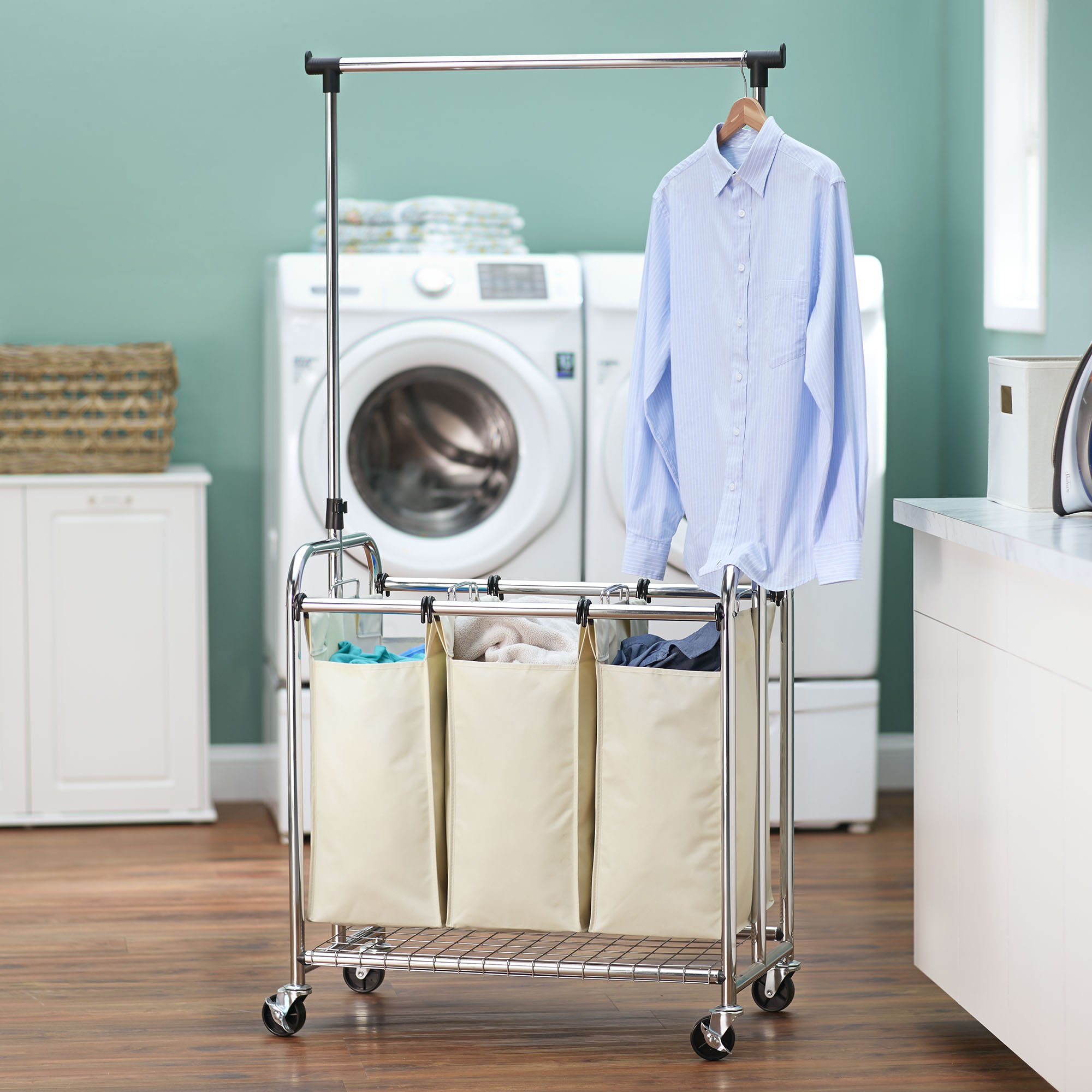 3-Bag Laundry Sorter with Clothes Rack - Heavy Duty Steel Frame, Foldable Design for Space Saving - Perfect for Home, Dorm, Apartment & Laundry Room Organization (Metallic Finish)