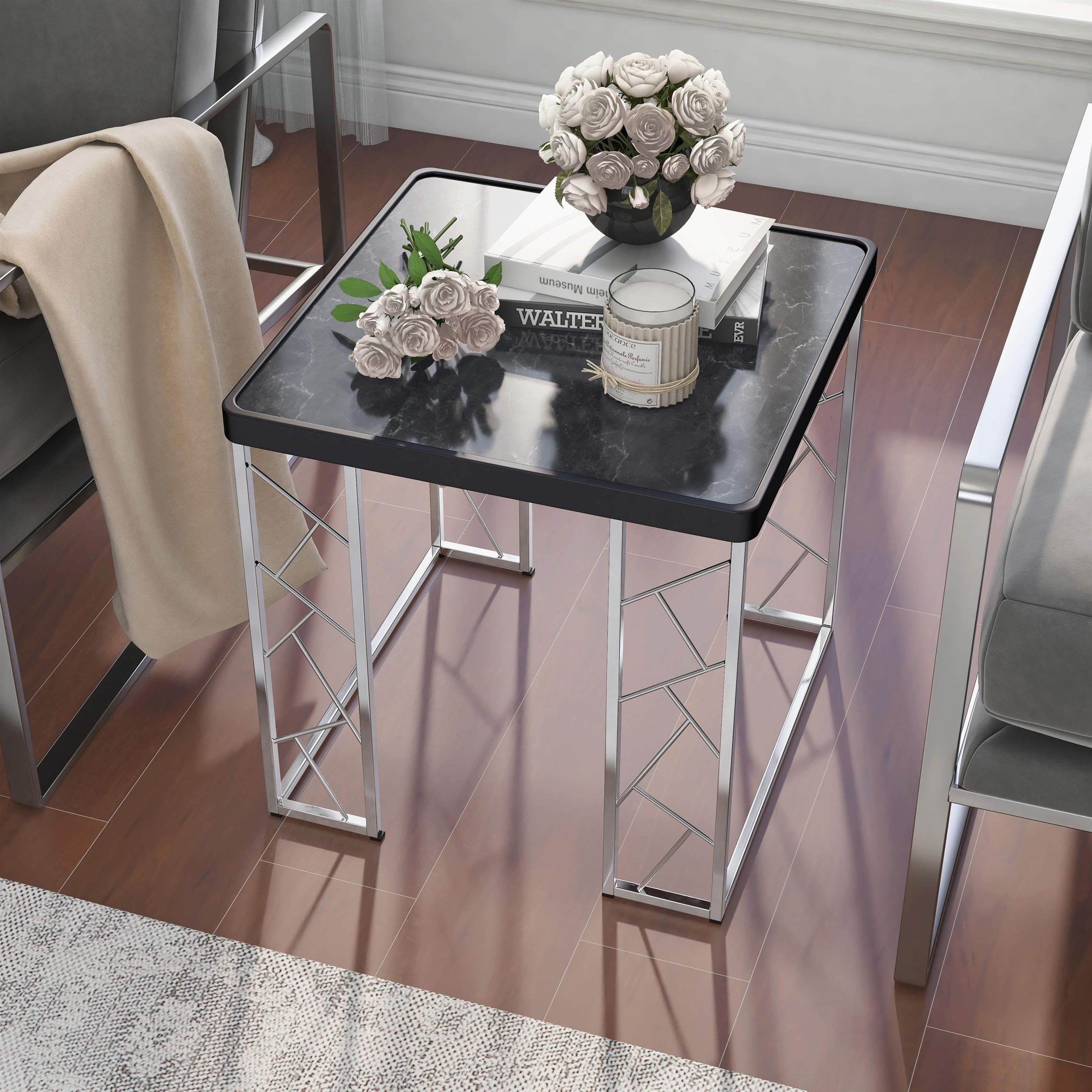 Furniture of America Stefano Modern Metal End Table - Black & Chrome Finish | Stylish Nightstand for Living Room, Bedroom & Office