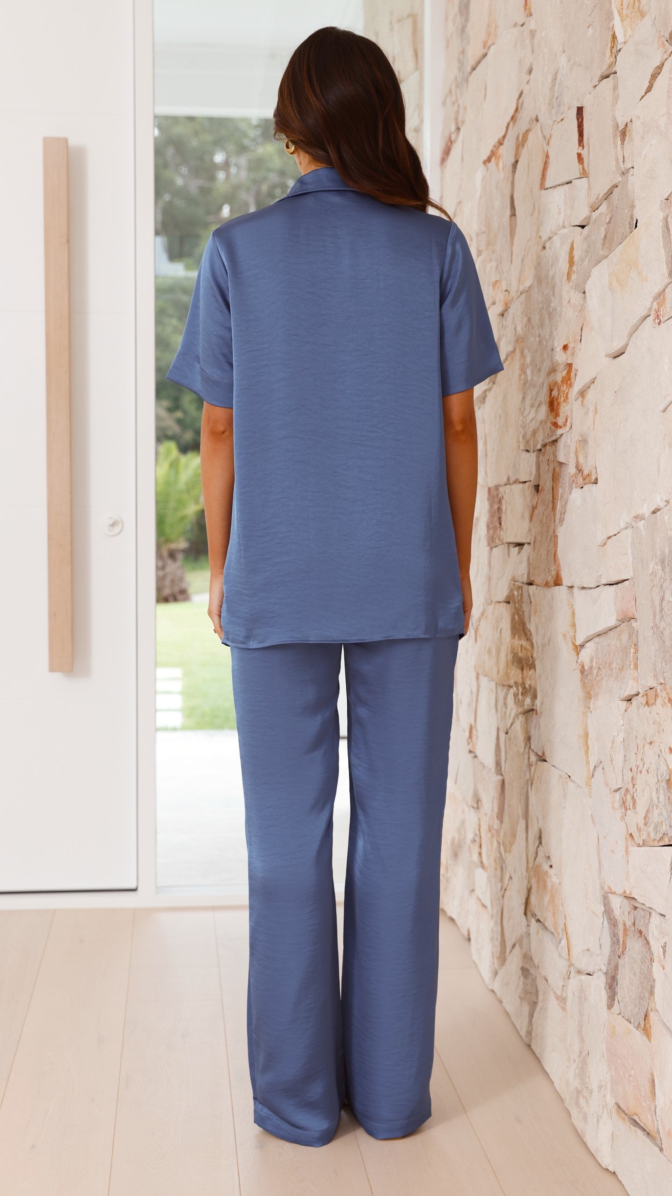 Imogen Button Pants for Women - Steel Blue High Waisted Trousers | Comfortable Office Pants & Casual Wear for Work & Everyday Outfits