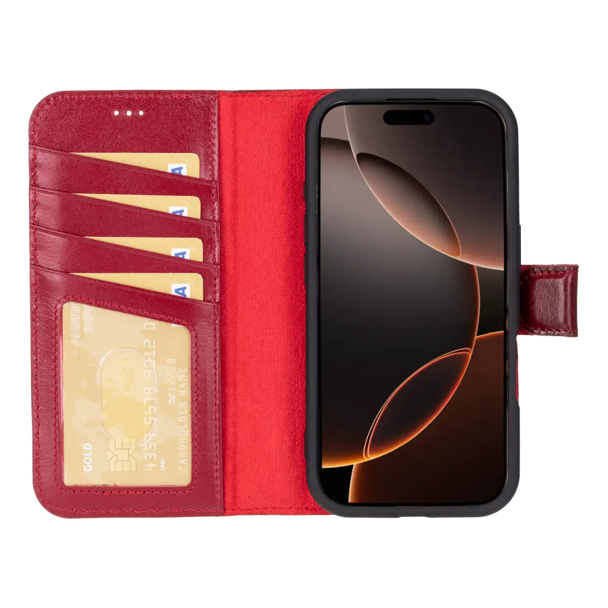 Premium Burnished Red Leather iPhone 17 Pro Wallet Case - Slim Protective Cover with Card Slots | Perfect for Business Travel, Everyday Use & Gift Giving