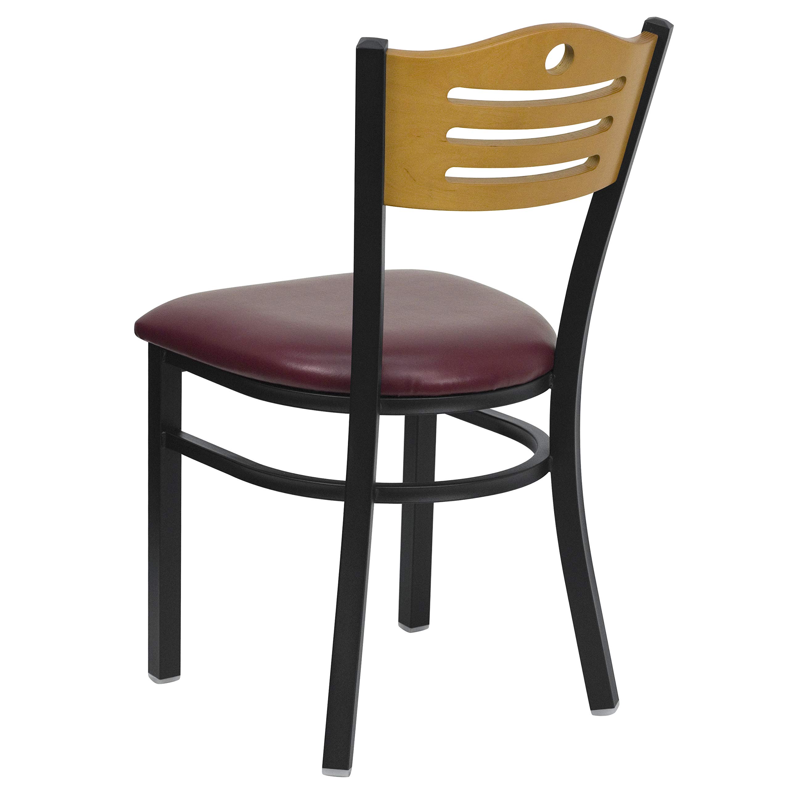 2 Pack Black Slat Back Metal Restaurant Chairs - Natural Wood Back & Burgundy Vinyl Seat - Durable Dining Chairs for Restaurants, Cafes, Bistros, and Home Kitchens