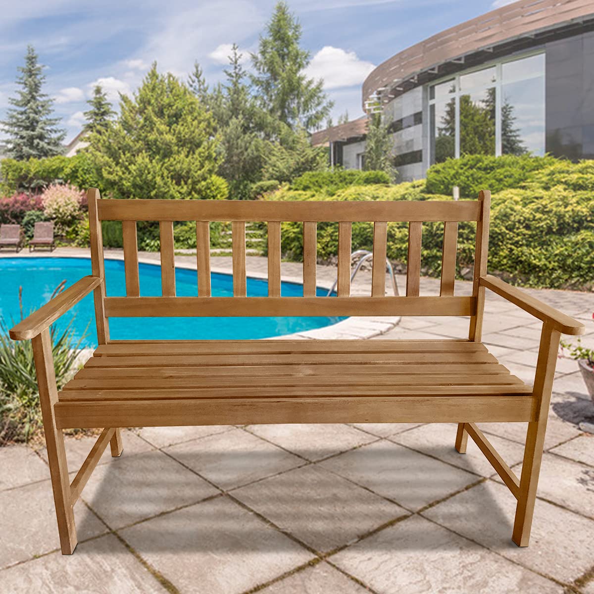 **Dkeli Acacia Wood Outdoor Bench with Armrests – 705lbs Weight Capacity, Natural Oiled Finish – Perfect for Patio, Garden, Backyard, Poolside & Balcony Furniture**