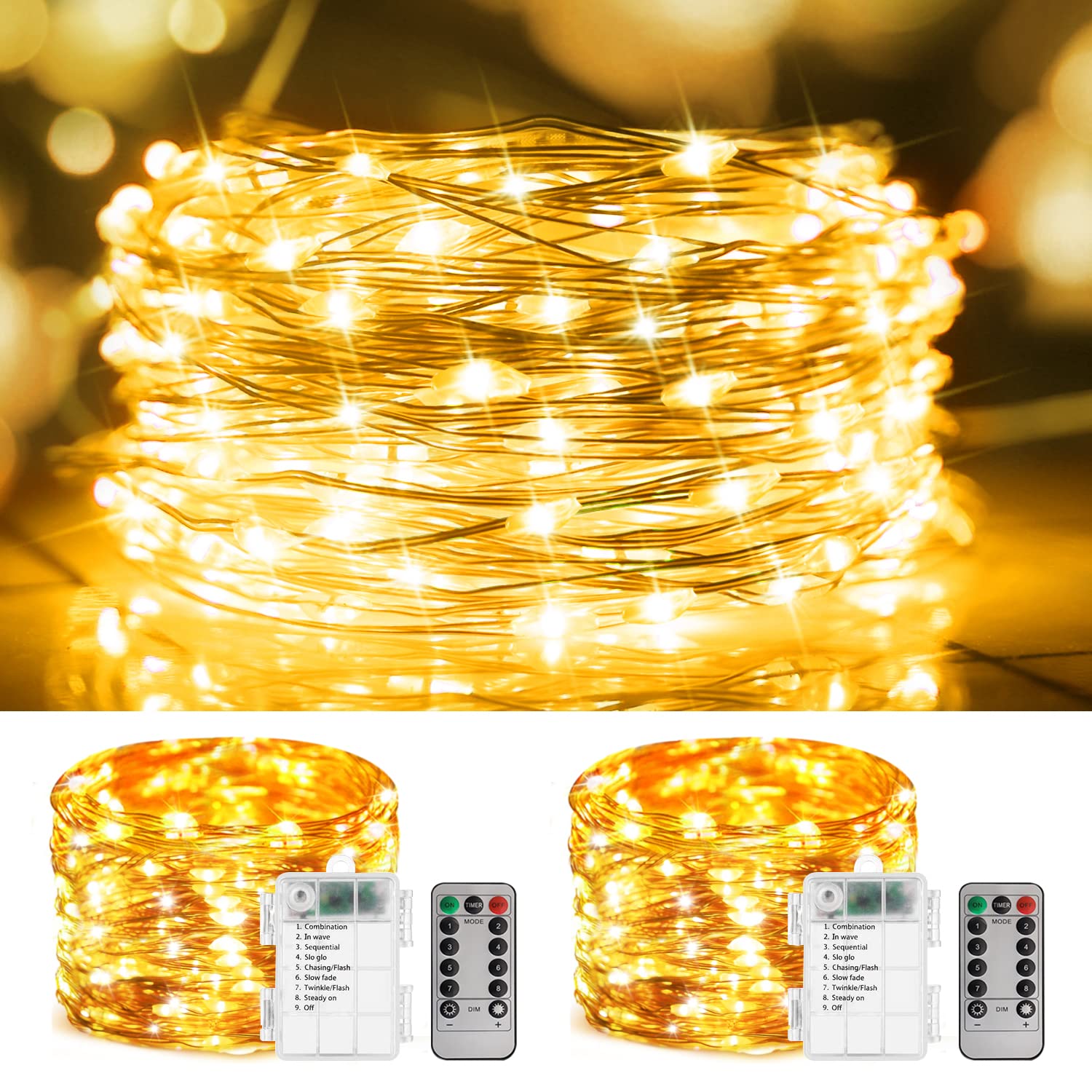 2 Pack 100LED Copper String Lights - Warm White Battery Operated Fairy Lights with Remote Control, Waterproof Twinkle Lights for Christmas, Home, Bedroom, Garden, Patio & Outdoor Decor | Perfect for Holiday Parties, Wedding Decorations and Cozy Ambience