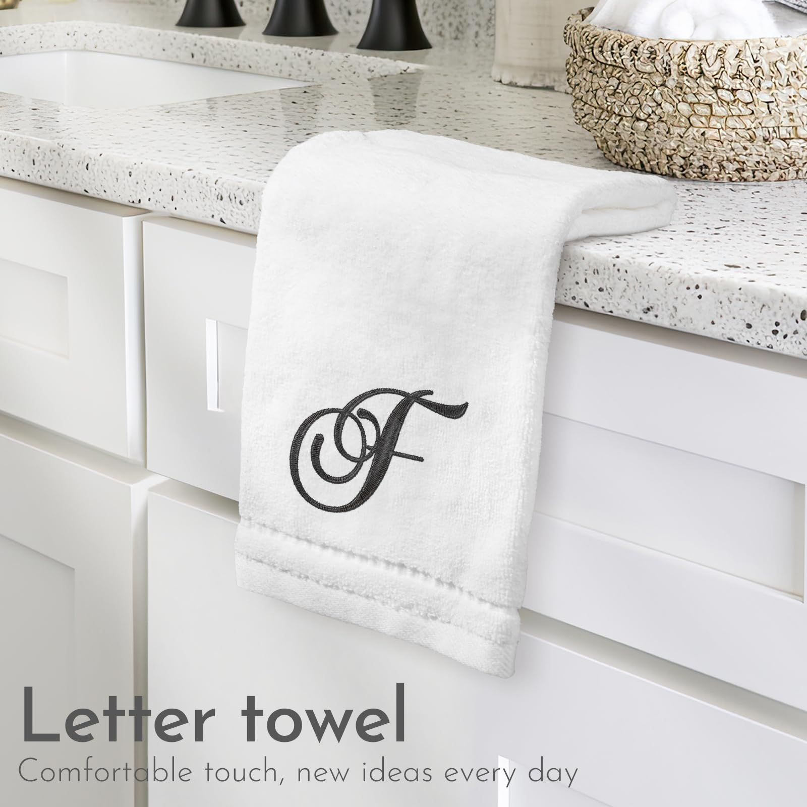 KLL Monogrammed Hand Towels Set - 100% Cotton Embroidered Bathroom Towels (11x18 Inches) - Personalized Letter Towels for Guest Bath, Powder Room & Spa - White, Initial F, Set of 2