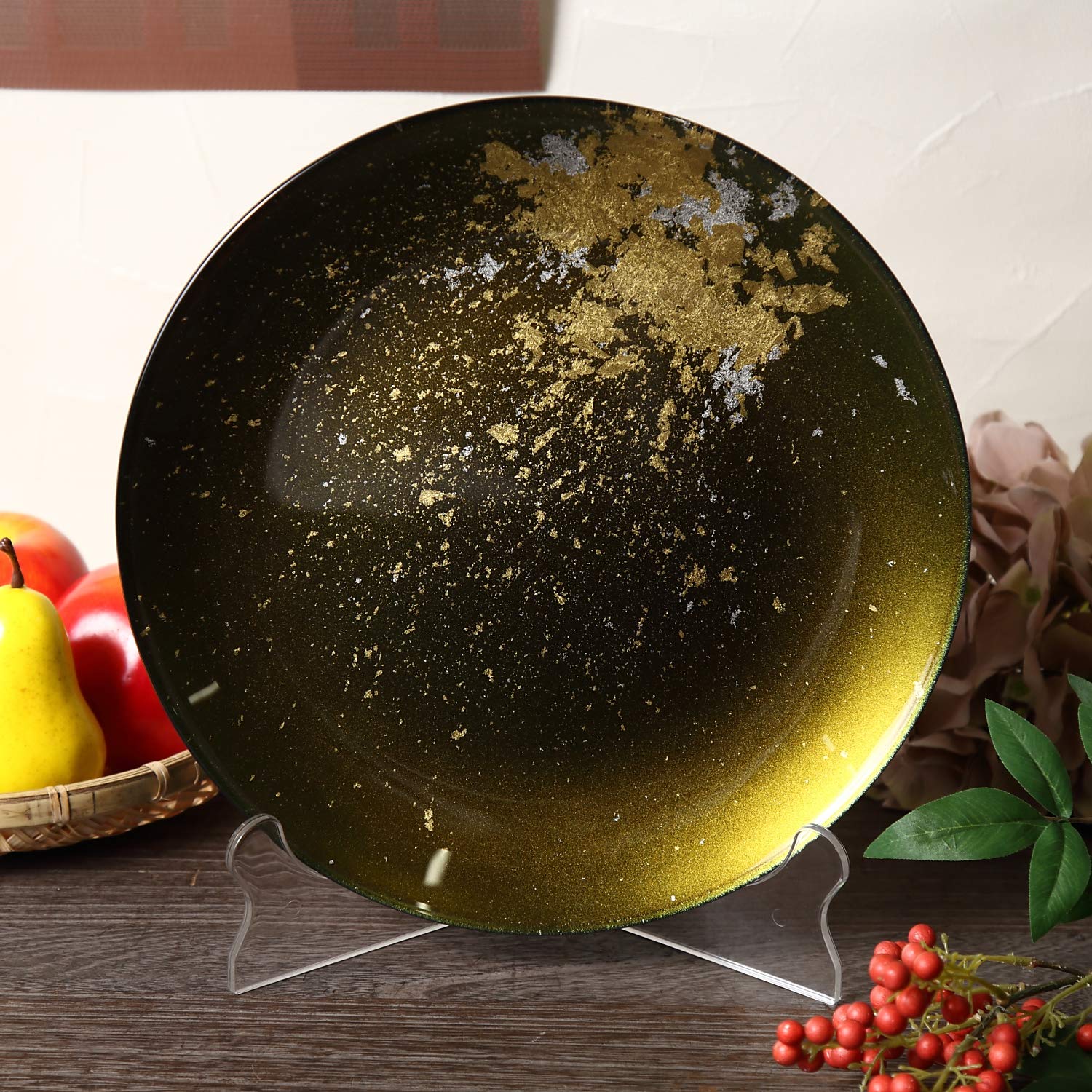 Japanese Urushi Glass Flat Dinner Plate 11-inch - Majestic Green with Gold Leaf - Dishwasher Safe - Elegant Tableware for Fine Dining, Parties & Home Decor