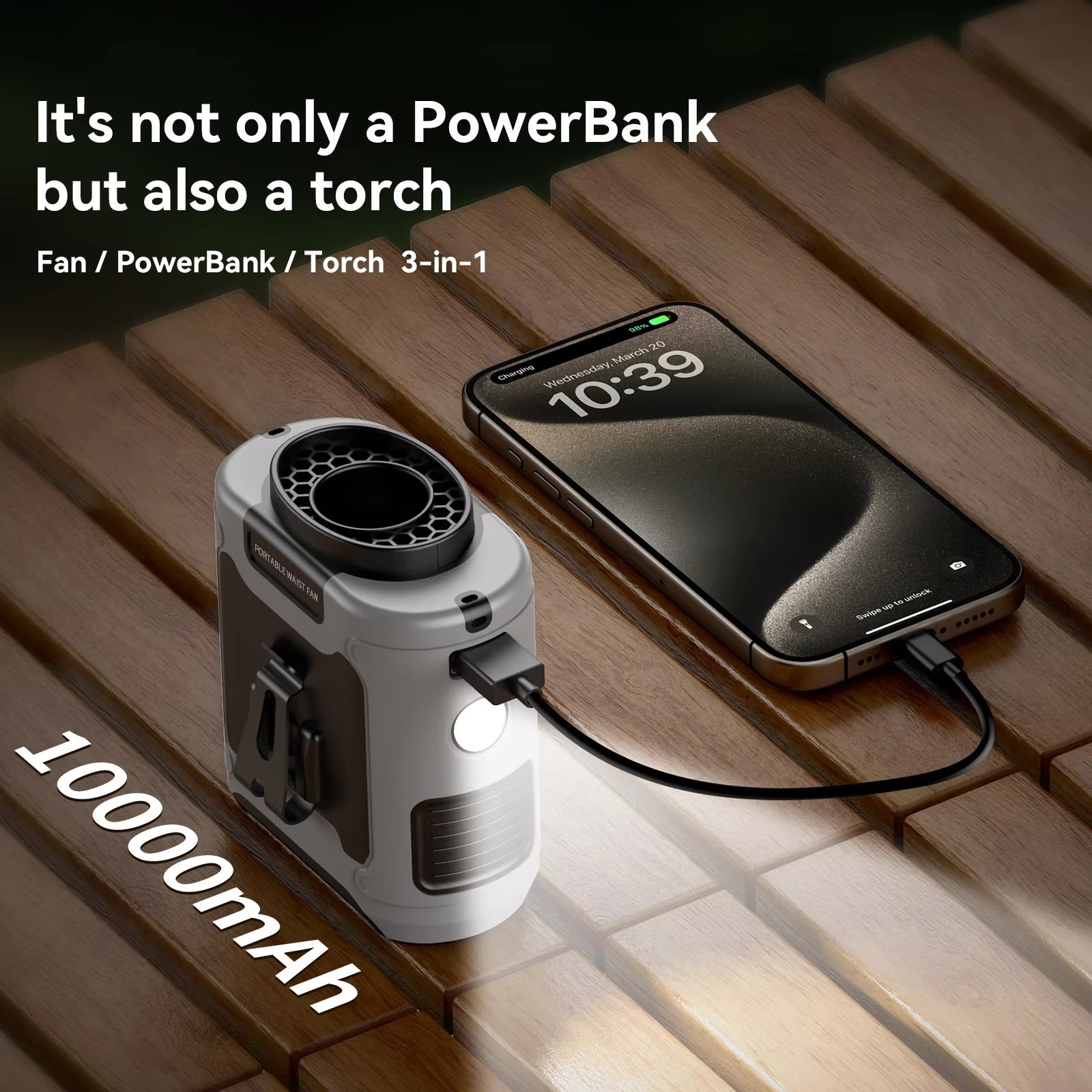 10000mAh Portable Waist Fan with Power Bank - Rechargeable Hanging Neck Fan, Strong Wind Cooling Fan with LED Light for Outdoor Sports, Hiking, Camping & Emergency Use