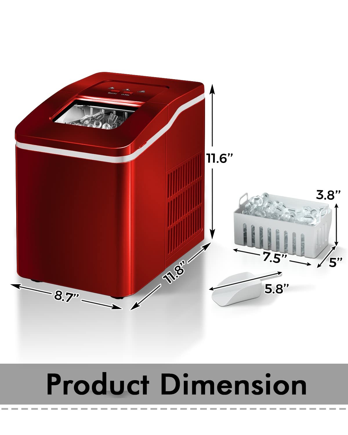 Portable Ice Maker Machine - Countertop Mini Ice Maker with Automatic Cleaning, Scooper & 9 Cubes in 8 Minutes - Perfect for Home, Office, RV & Outdoor Use (Red)