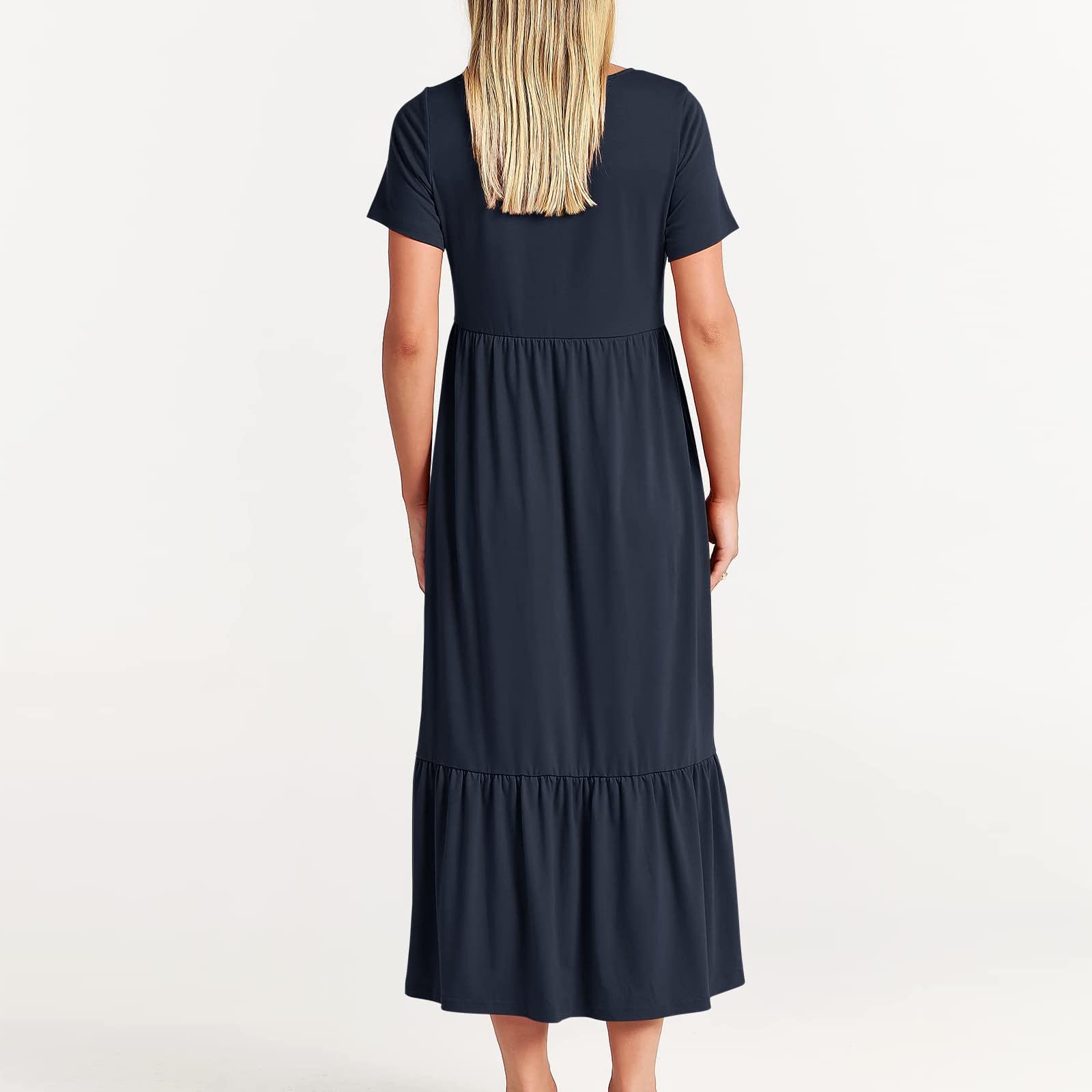 Women's Summer Dresses 2024 - Casual Short Sleeve Crewneck A-Line Swing Dress with Tiered Flowy Design | Beach Cover Up, Vacation Outfit, Party Wear | X-Large Size in Dark Blue