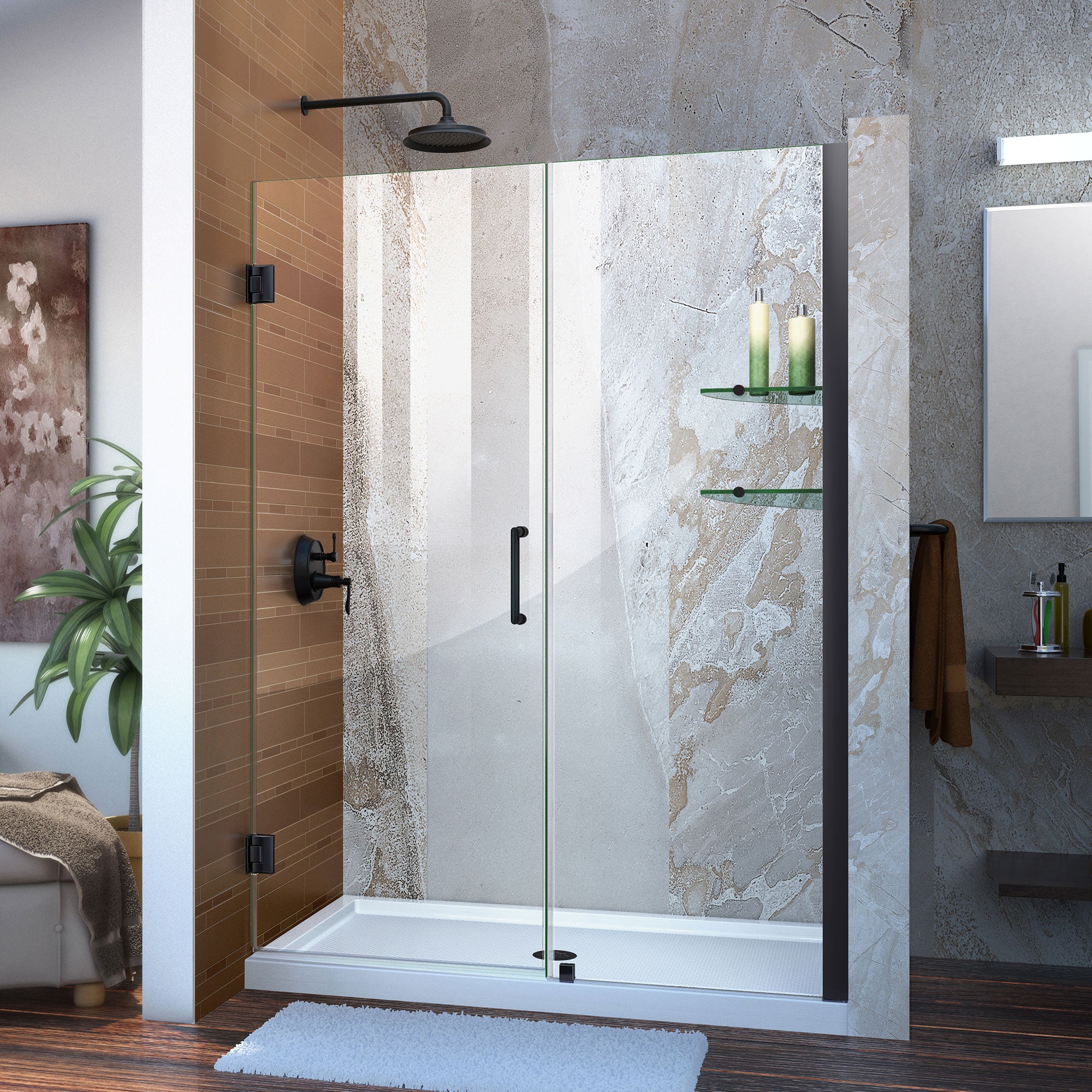 DreamLine Unidoor 53-54 Inch W x 72 Inch H Frameless Hinged Shower Door with Shelves - Clear Tempered Glass - Perfect for Modern Bathrooms & Spa-Like Showers