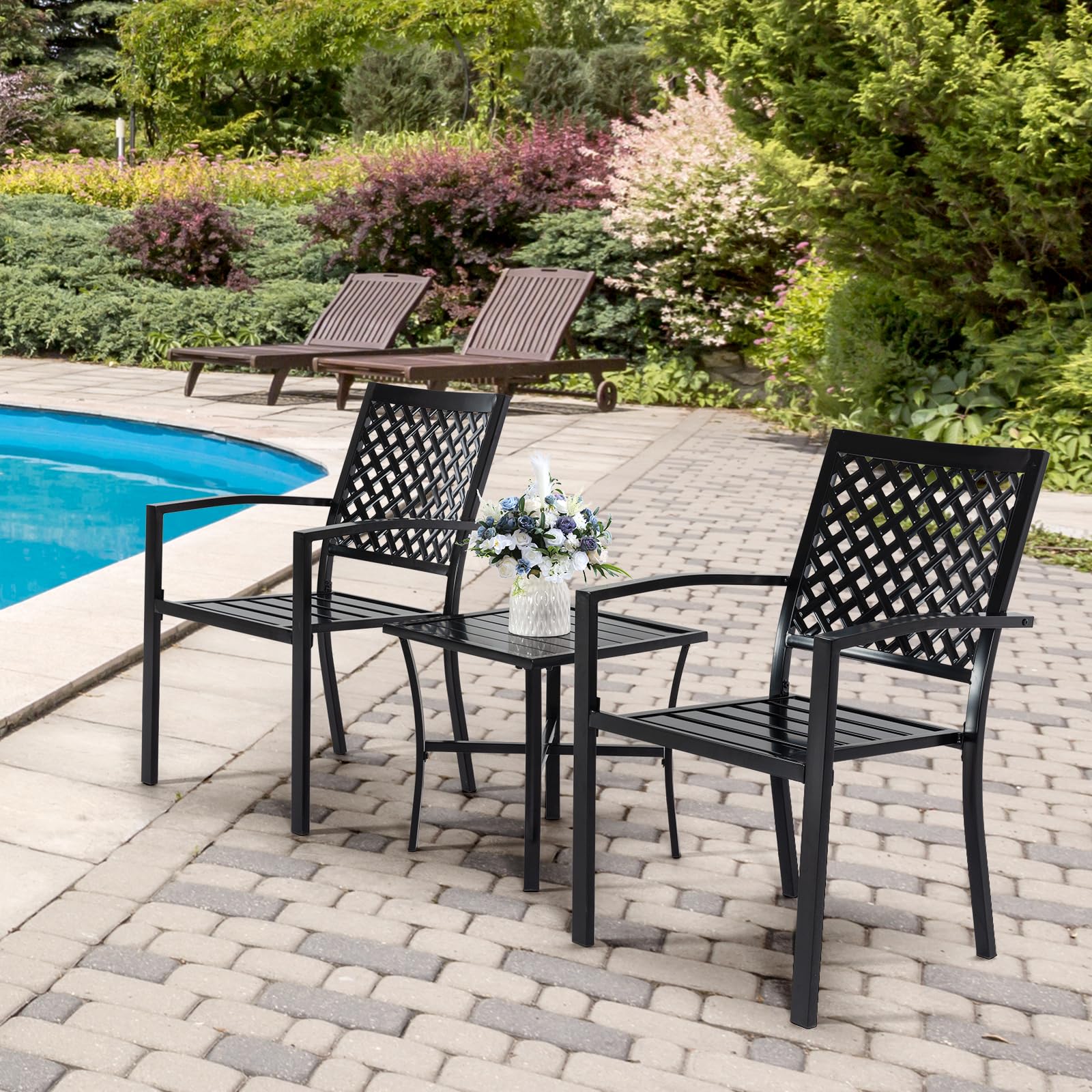3-Piece Outdoor Patio Dining Set - Durable Cast Iron Square Table with 2 Stackable Chairs, Weather-Resistant Bistro Set for Balcony, Porch, Garden, Backyard (Black) | Perfect for Small Space Entertaining & Al Fresco Dining