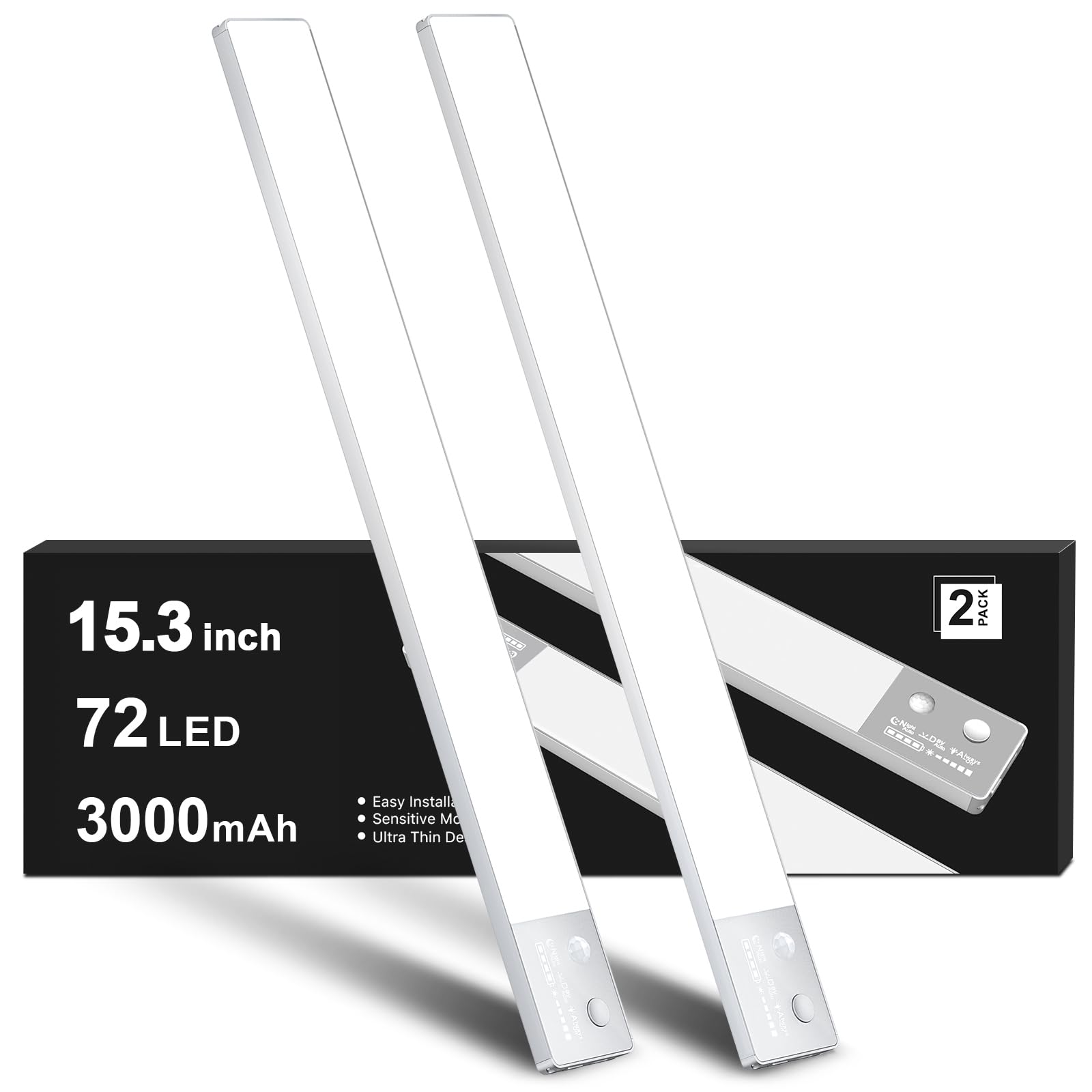 72 LED Under Cabinet Lights with Motion Sensor & Power Display - 3000mAh Rechargeable Wireless Closet Lights - Dimmable Magnetic Night Lights for Kitchen, Wardrobe, Hallway (2 Pack) - Perfect for Dark Spaces & Nighttime Safety