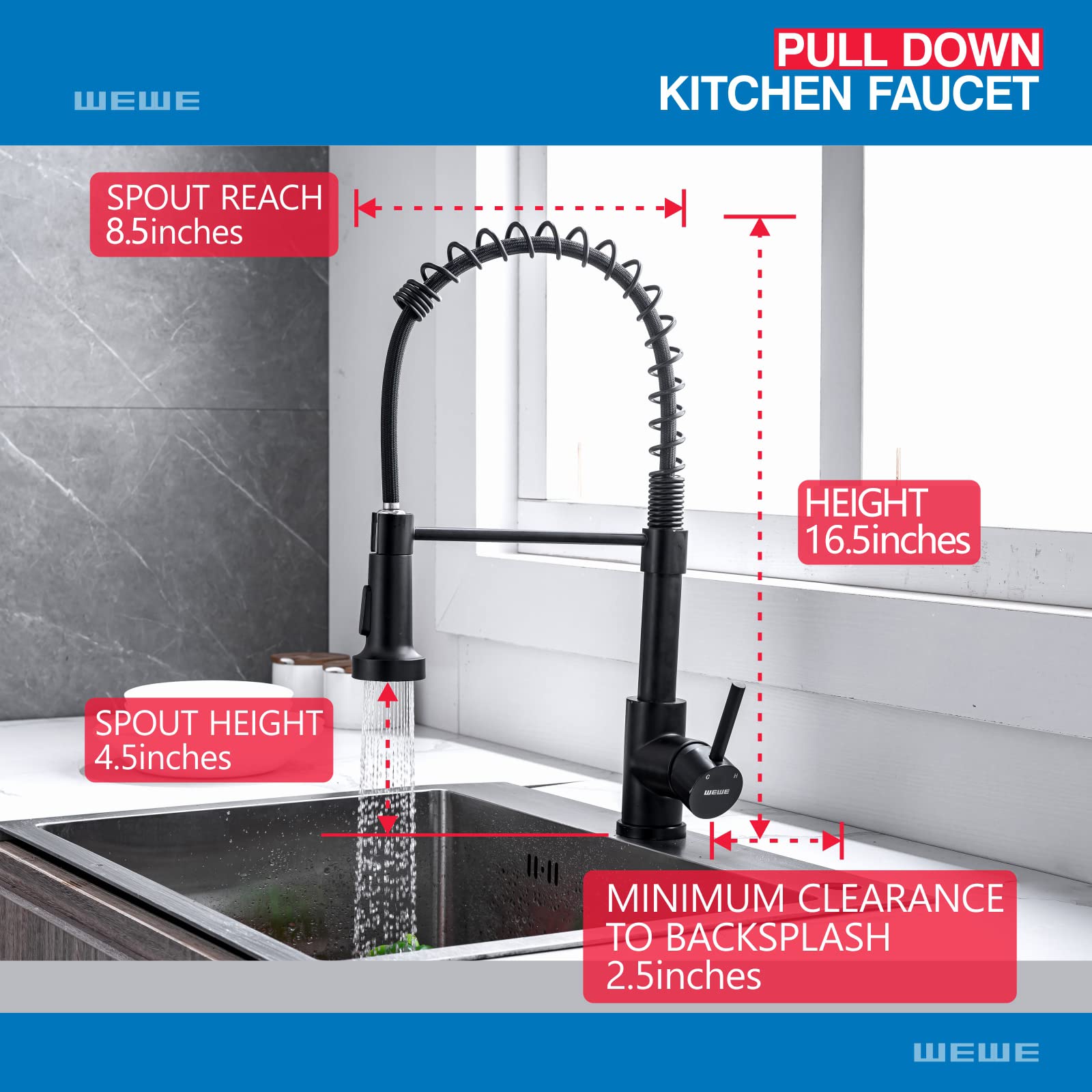 Black Stainless Steel Commercial Kitchen Faucet with Pull Down Sprayer - 1 or 3 Hole Installation for RV, Farmhouse, Outdoor, Camper & Bar Sinks | Durable Spring Design for High-Traffic Kitchens