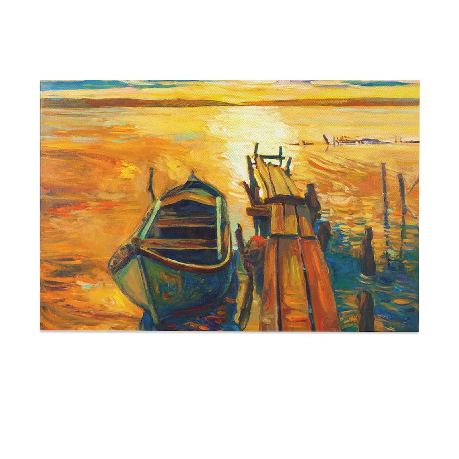 Boat Jetty Pier Sunset Ocean Canvas Wall Art Print - 20x30 Inch Framed Painting for Living Room, Bedroom & Office Decor - Perfect Gift for Home, Beach House & Coastal Theme Interiors