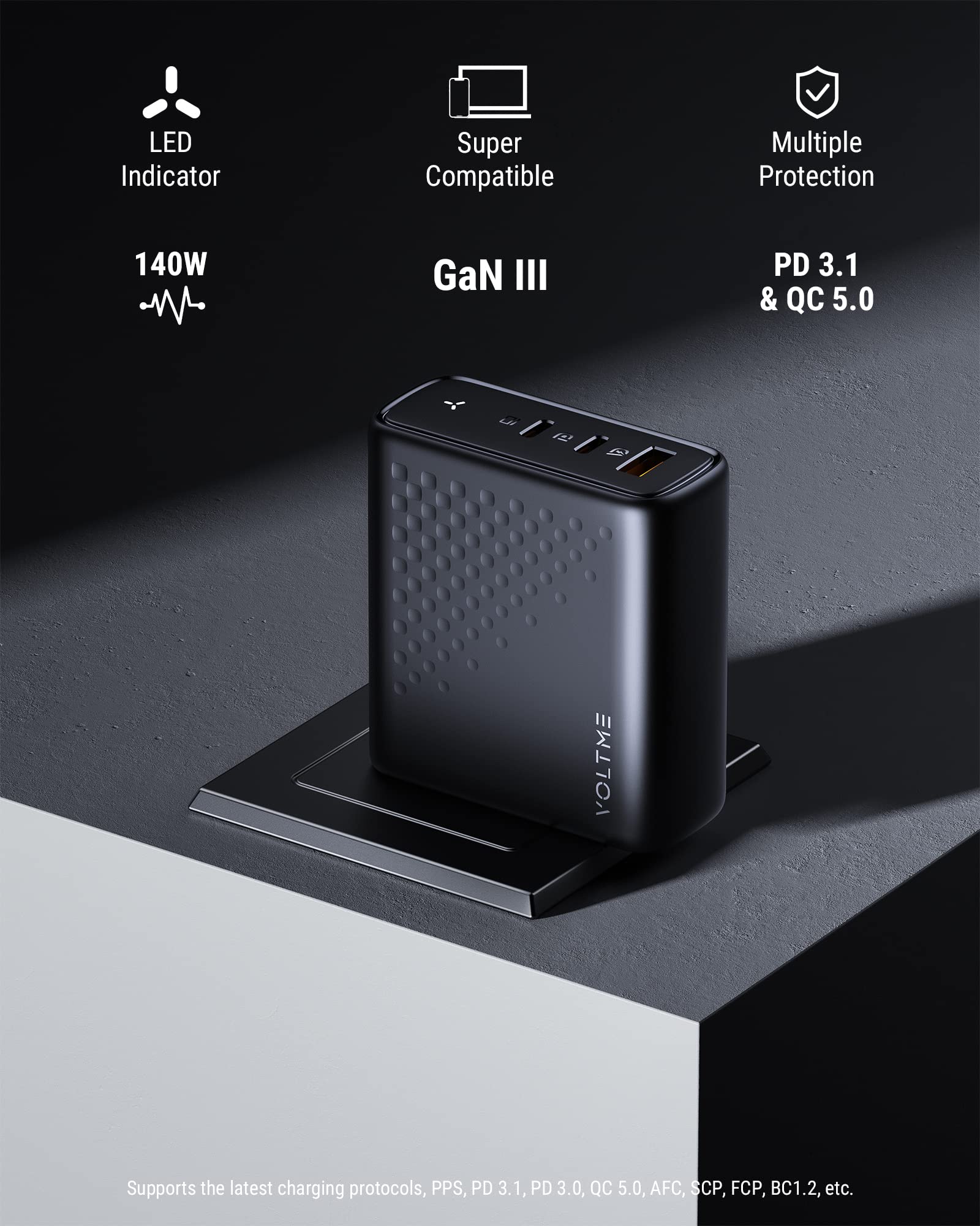 VOLTME 140W USB C GaN Fast Charger, 3-Port PD 3.1 Laptop Charger Block for MacBook Pro 16