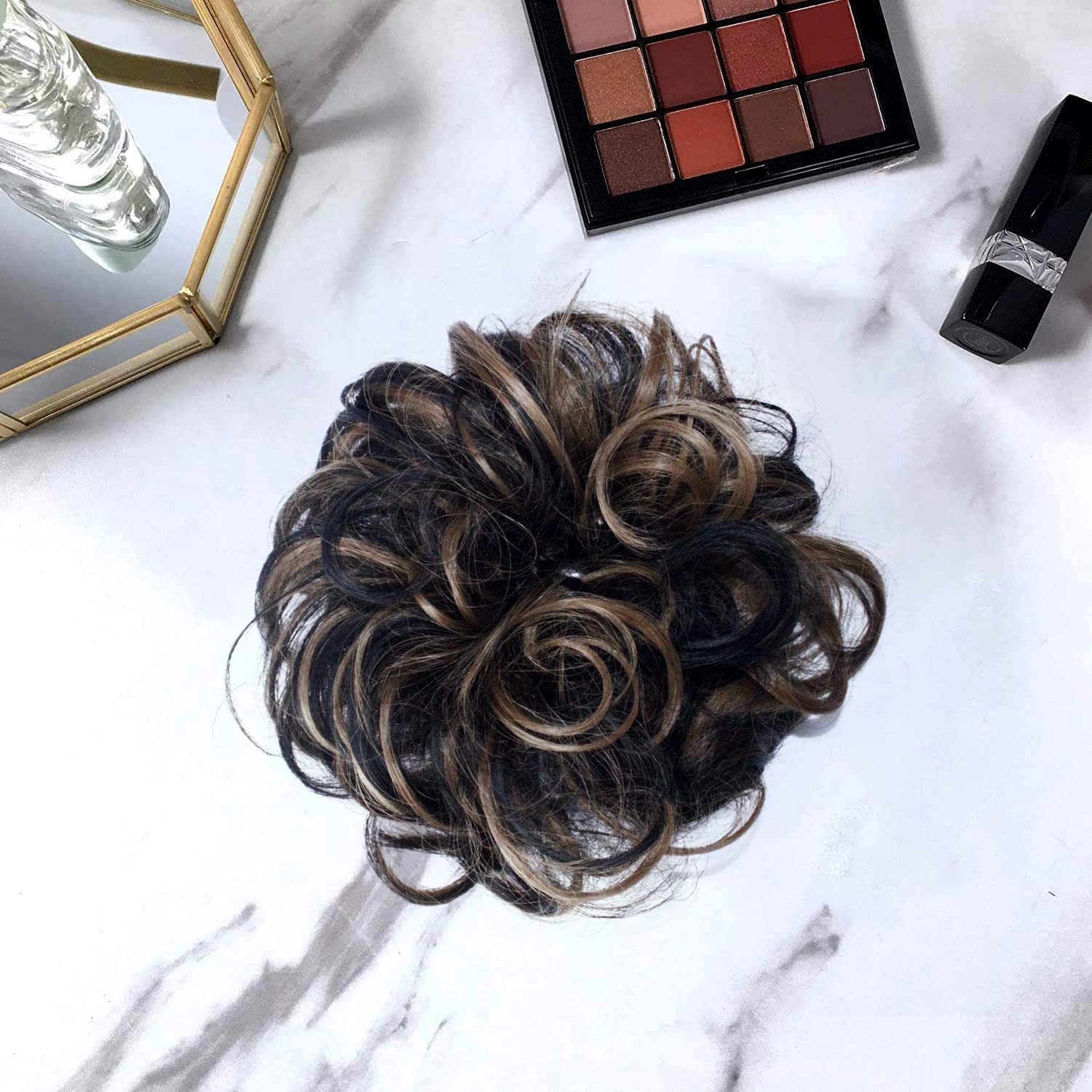 Messy Bun Hair Extension Scrunchie - 2-Pack Synthetic Hair Bun for Women & Girls with Golden Highlights | Perfect for Parties, Weddings & Everyday Styling
