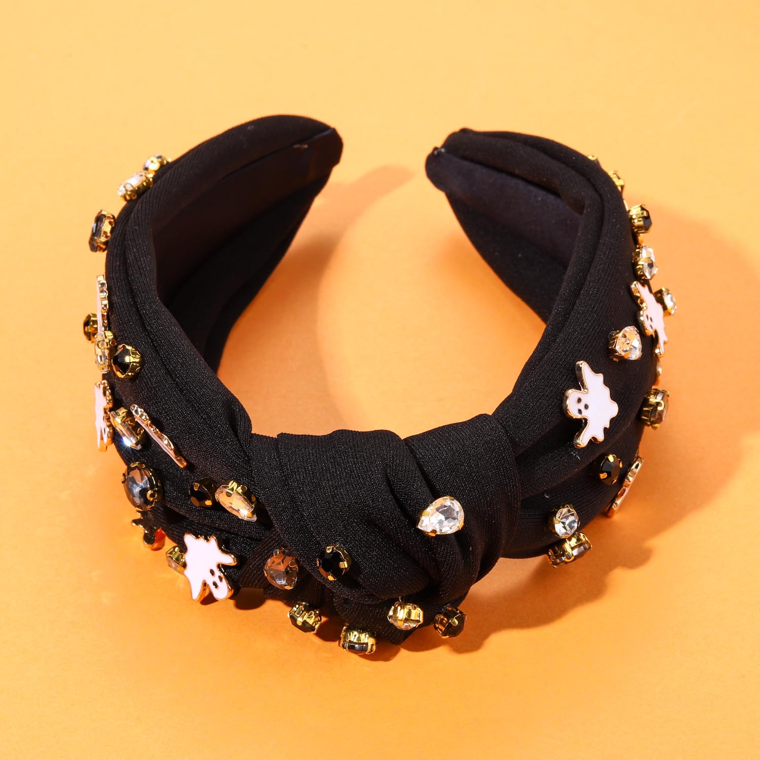 **Spooky Halloween Headband for Women - Pumpkin Spider Ghost Rhinestone Crystal Knotted Headband - Elegant Wide Top Knot Hair Accessory for Halloween Party Outfits & Costume Gifts**    *(Perfect for Halloween Parties, Trick-or-Treating, Costume Contests & Spooky Photo Shoots!)*