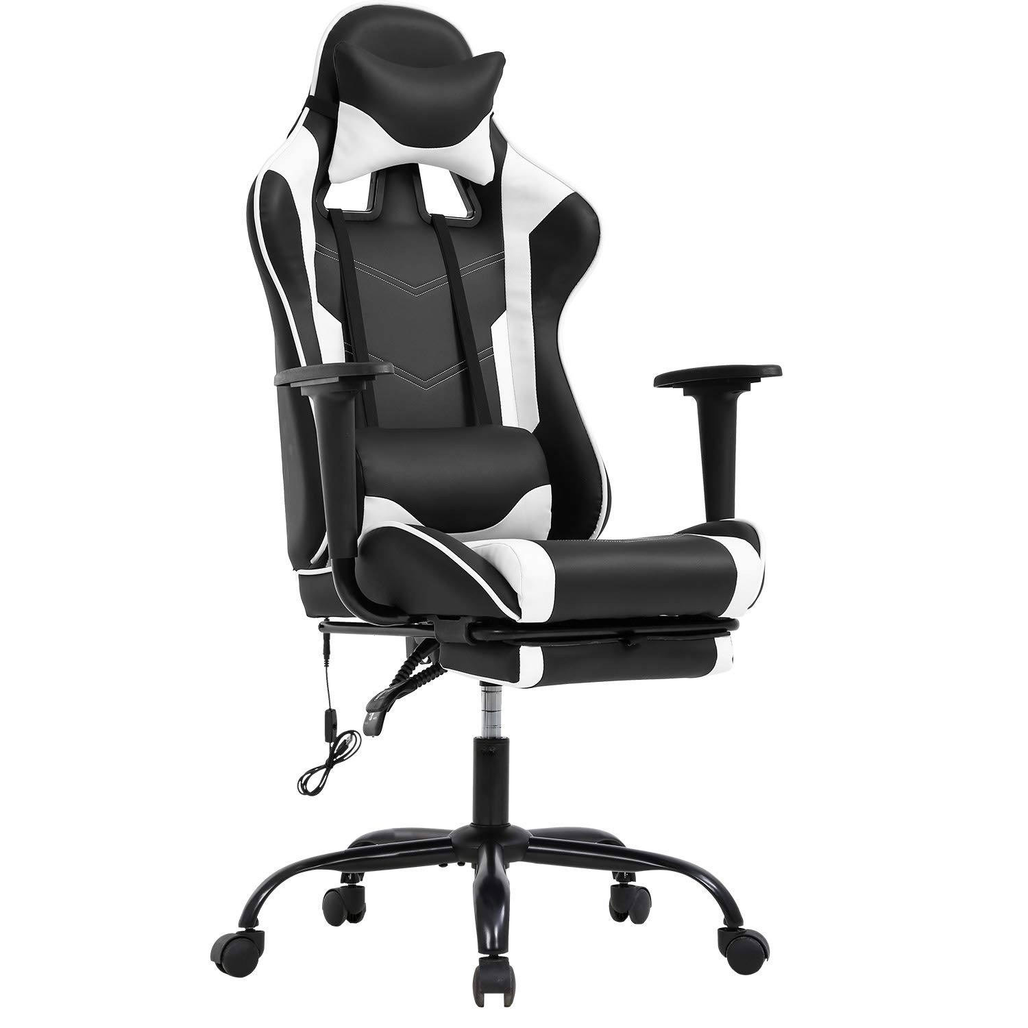 Ergonomic Massage Gaming Chair - Adjustable High Back Racing Style Office Chair with Footrest, Headrest & Lumbar Support for Home & Work | Perfect for PC Gaming, Work from Home & Relaxation (White)