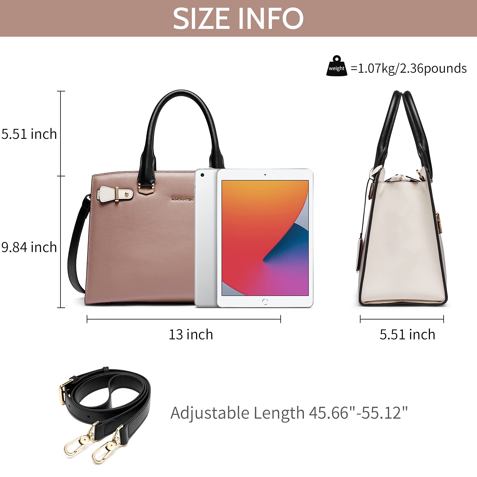 BOSTANTEN Women's Genuine Leather Handbag - Designer Satchel Purse with Top Handle, Shoulder Strap & Crossbody Strap - Elegant Tote for Work, Travel & Everyday Use