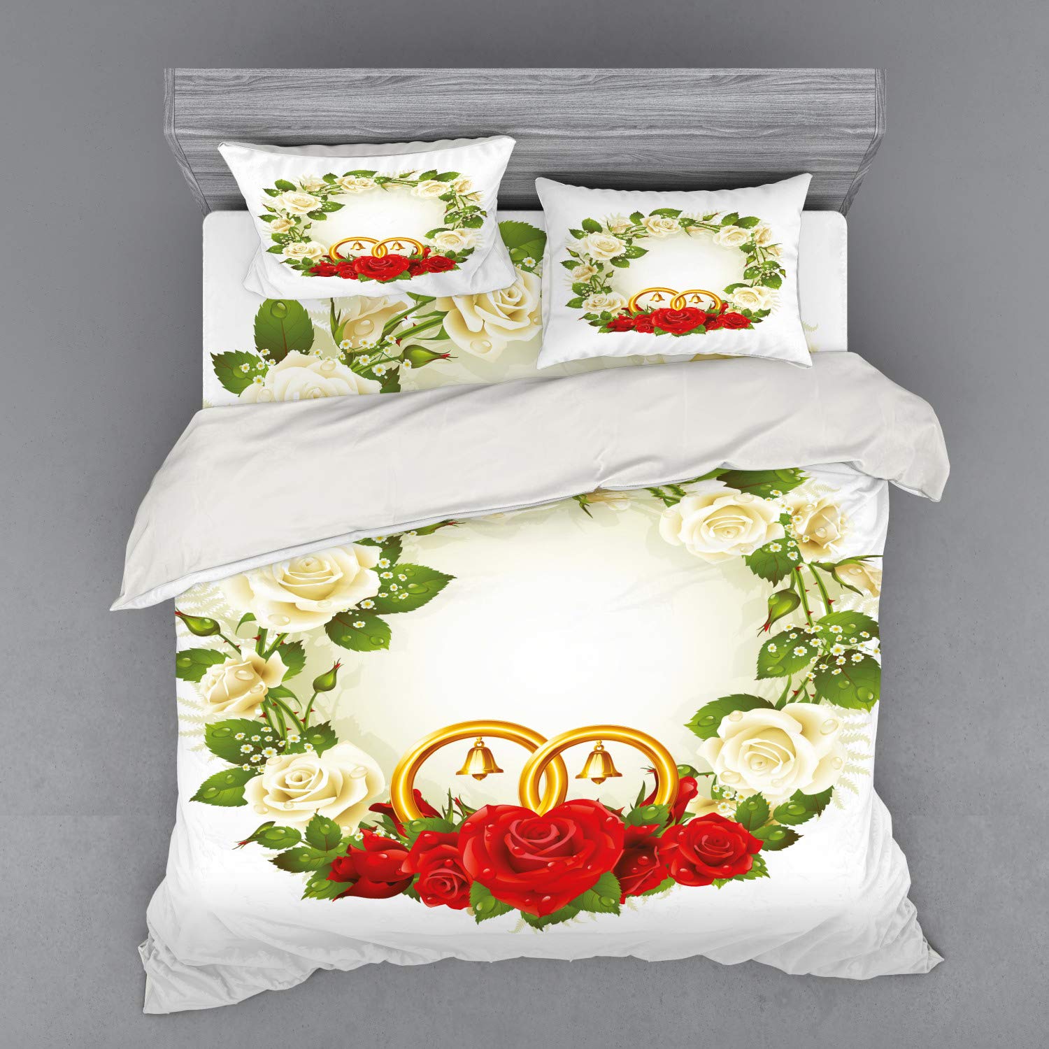 Ambesonne Wedding Bedding Set 4-Piece King Size - White & Red Rose Floral Duvet Cover with Pillow Shams & Fitted Sheet - Romantic Marriage Celebration Bedroom Decor for Honeymoon & Anniversary Gifts