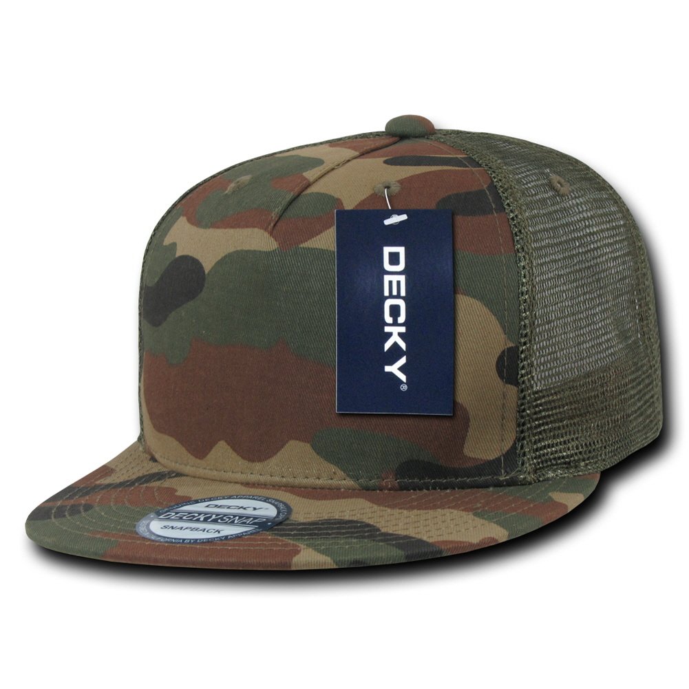 DECKY 5 Panel Flat Bill Trucker Cap - Adjustable Snapback Hat for Men & Women - Casual Outdoor Baseball Cap for Sports, Fishing, Hiking & Streetwear Fashion