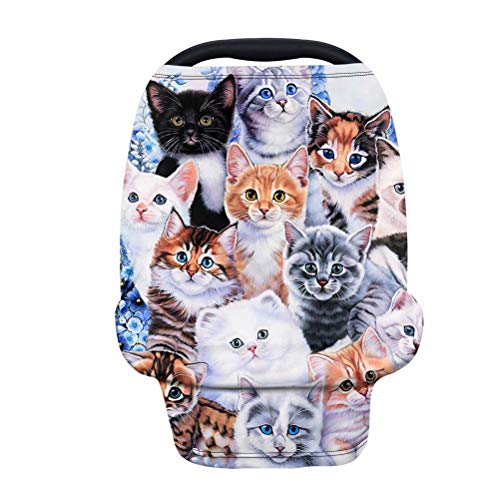 ORGYPET Infant Car Seat Cover - Elastic Nursing Scarf & Multi-Use Baby Canopy for Strollers, Shopping Carts & High Chairs - Soft Cute Kitten Cat Design (Colorful) - Perfect for Outdoor Walks, Shopping Trips & Restaurant Dining