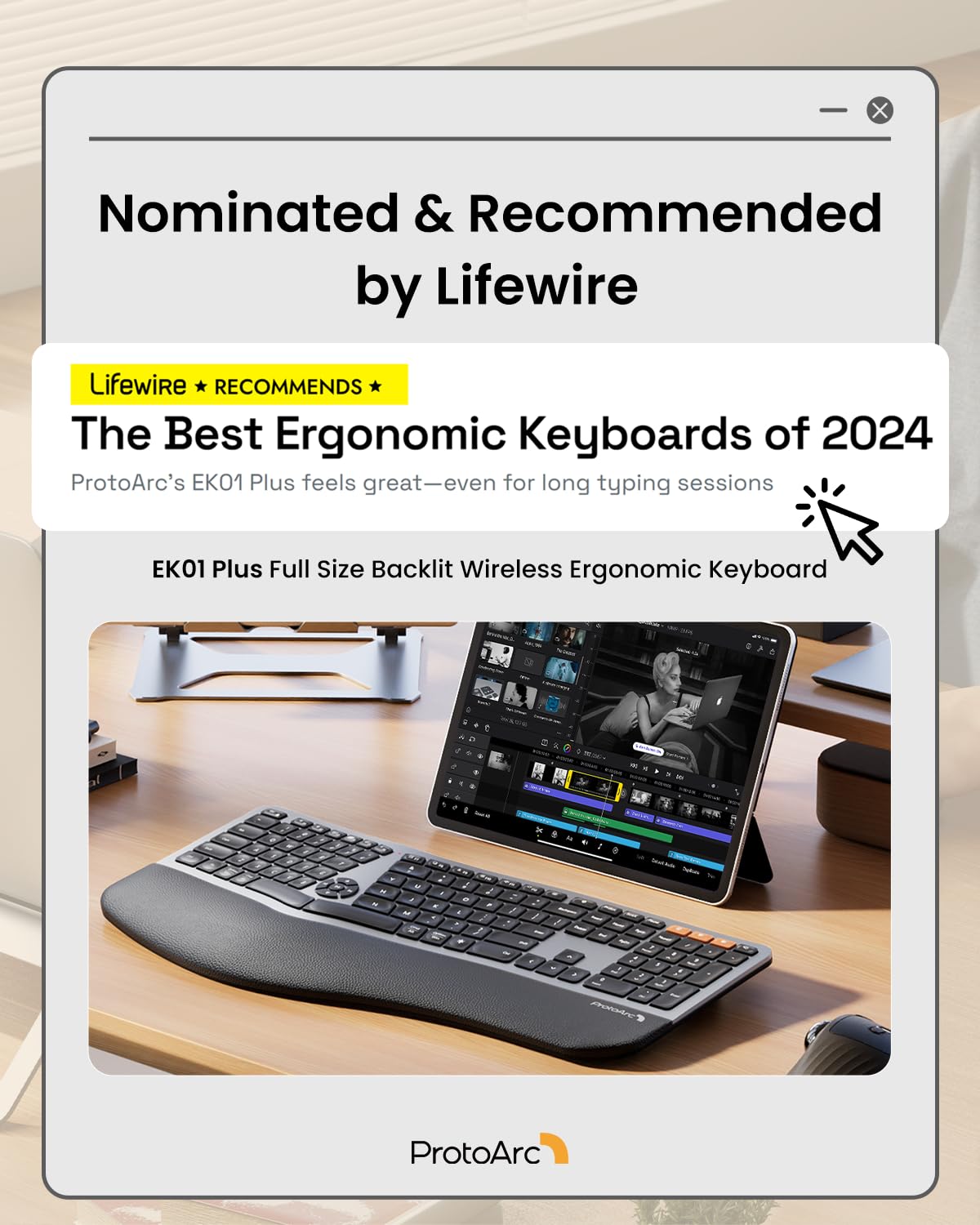 ProtoArc EK01 Plus Backlit Bluetooth Ergonomic Split Keyboard - Full Size Wireless Keyboard with Dual Bluetooth & USB, Cushioned Wrist Rest, Rechargeable Battery - Compatible with Windows, Mac, Android (Grey) - Perfect for Office Work, Gaming & Long Typing Sessions