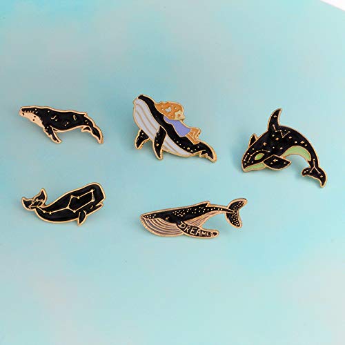5-Piece Cute Cartoon Enamel Pin Set - Punk Brooches & Lapel Pins for Women, Girls & Kids - Whale Design - Costume, Clothing & Bag Accessories - Perfect for School, Gifts & Fashion Outfits