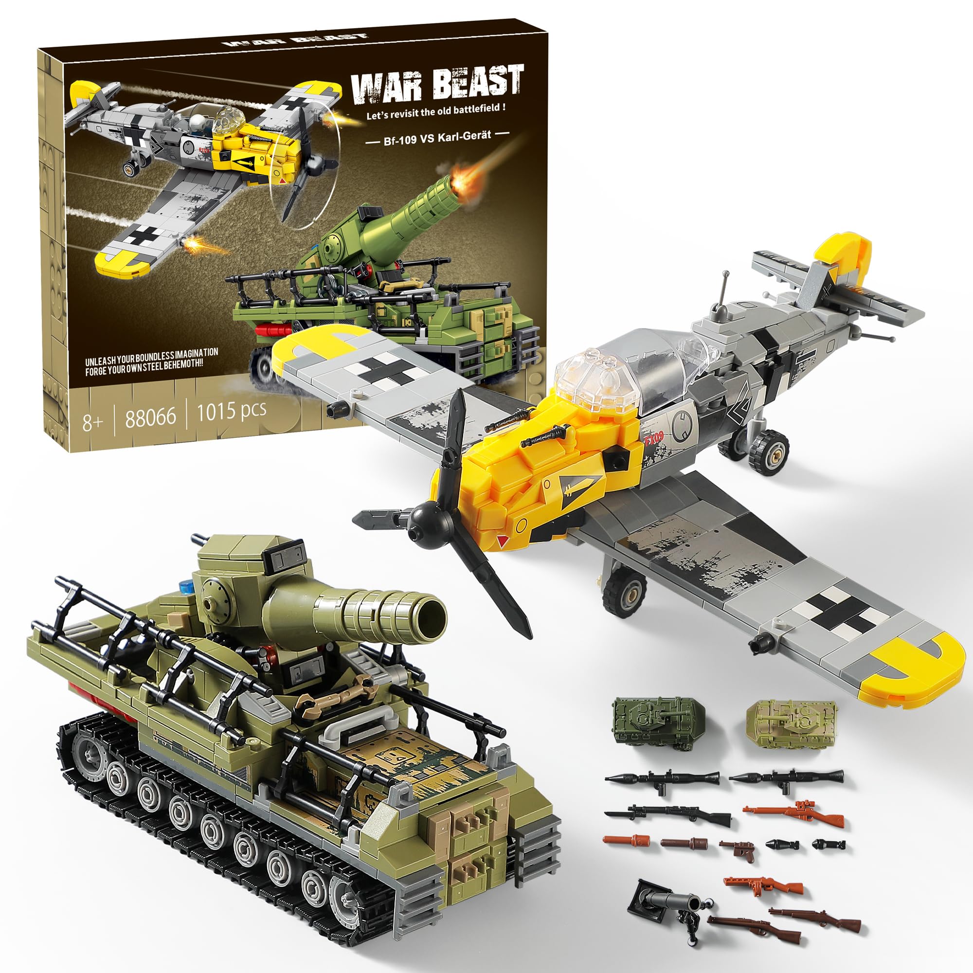 WW2 Military Building Toys - Compatible with Lego, Build BF109 Fighter Jet & Karl Giant Mortar Tank - WWII Army Airplane Model Kit for Boys Age 8-12 | Perfect for History Lessons, War Reenactments & STEM Learning