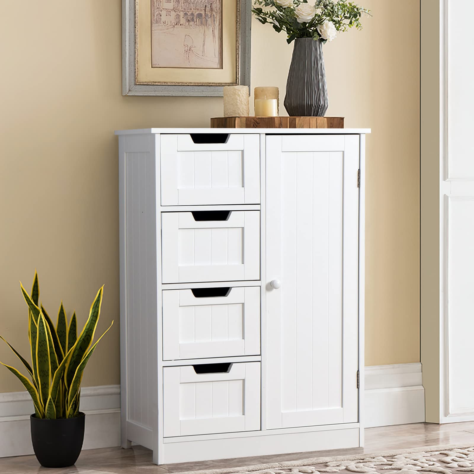 Freestanding Bathroom Cabinet with Adjustable Shelf & 4 Drawers - White Storage Cupboard for Bathroom, Kitchen, Living Room | Space-Saving Organizer for Towels, Toiletries & Household Items