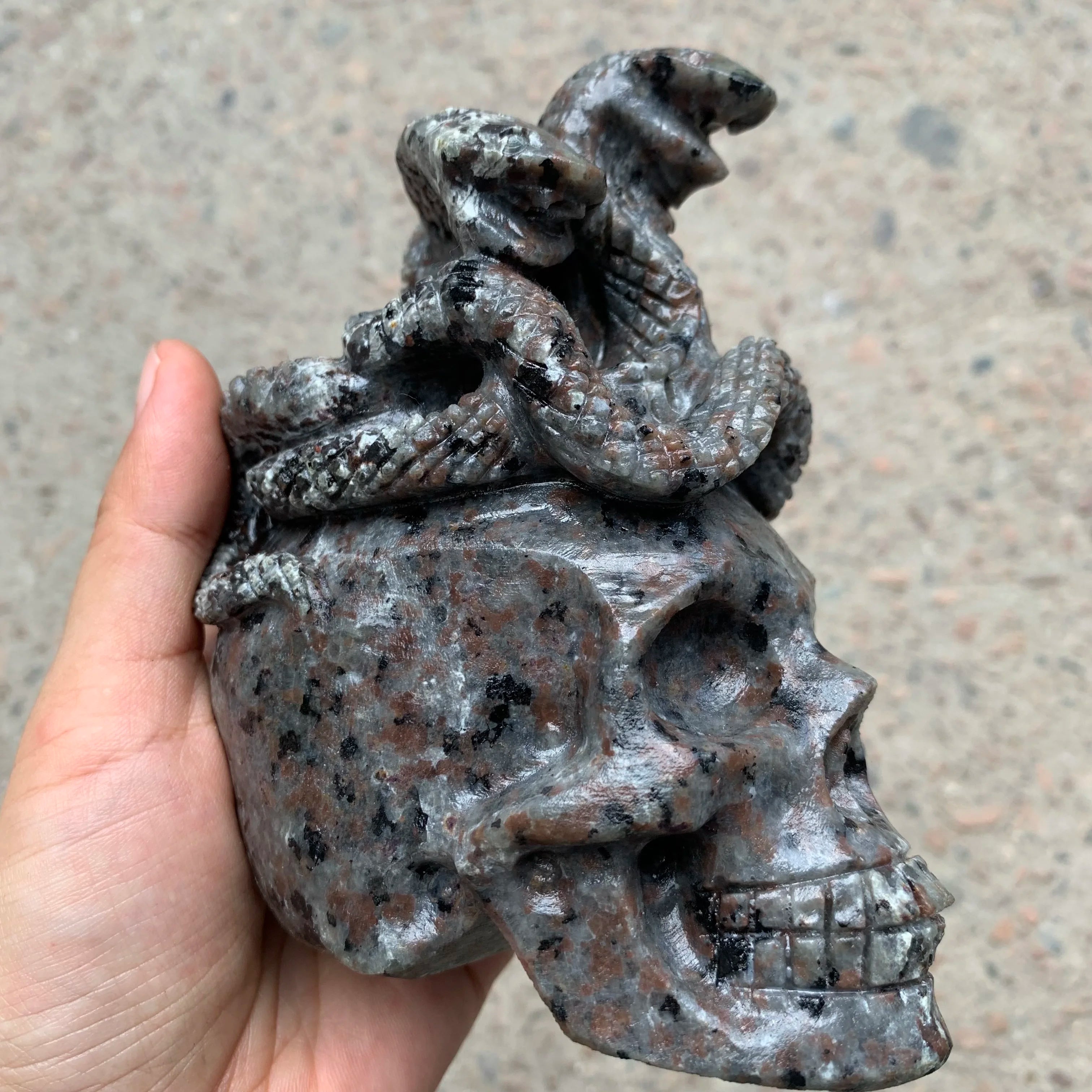 Natural Yooperlite Stone Carved Skull with Snake-Shaped Crystal - Handcrafted Statue for Home Decor, Office Display & Spiritual Healing