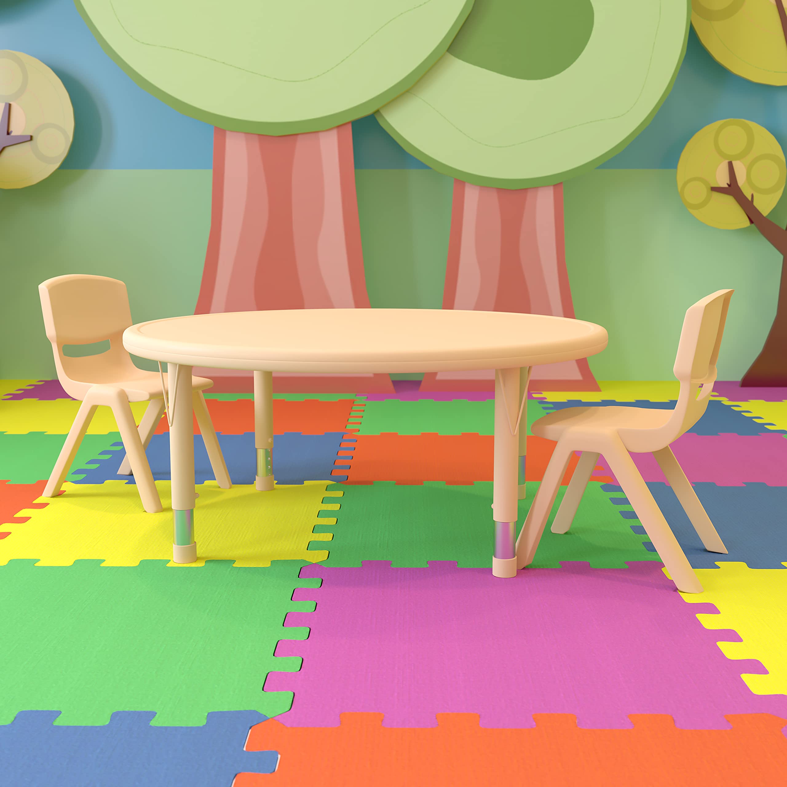 EMMA + OLIVER 45 Inch Round Adjustable Height Kids Activity Table Set with 2 Chairs - Natural Plastic Toddler Play Table for Arts, Crafts & Learning Activities