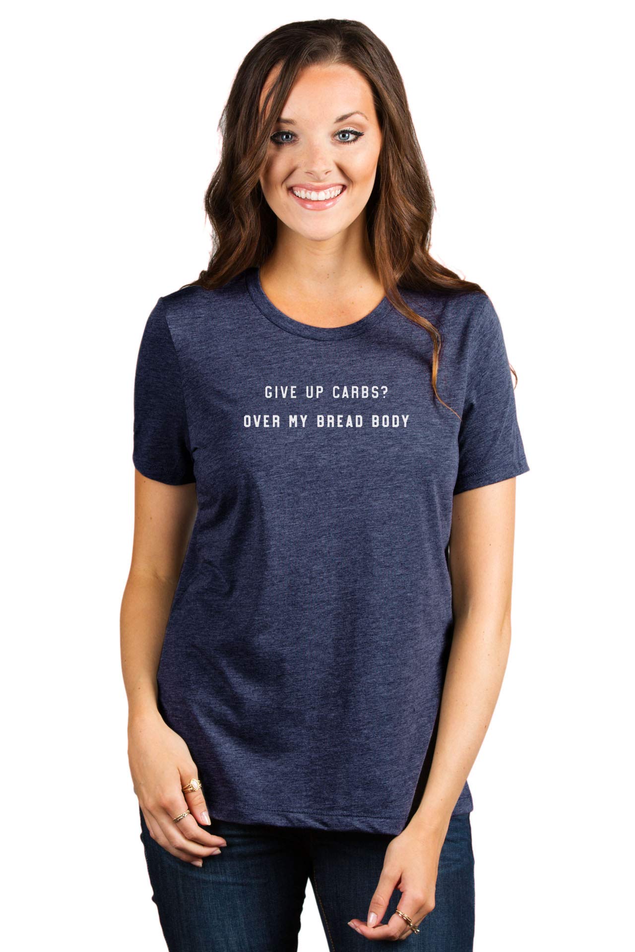 Women's Funny Sarcastic T-Shirt - 'Give Up Carbs Over My Bread Body' Graphic Tee - Soft Relaxed Fit Casual Top for Women - Perfect for Gym, Workout, and Everyday Wear