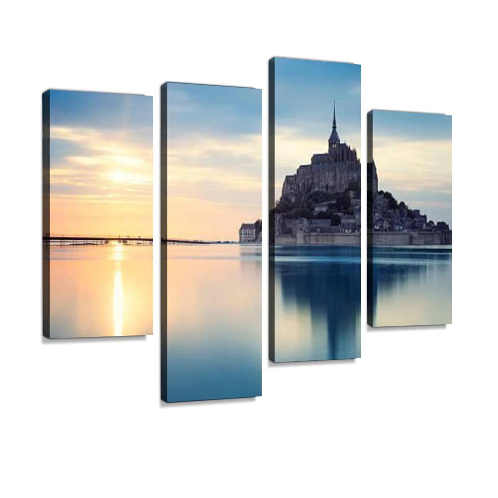 IGOONE 4-Panel Canvas Wall Art - Mont Saint Michel Sunset Painting - Framed Modern Home Decor Ready to Hang | Perfect for Living Room, Bedroom & Office Wall Decoration