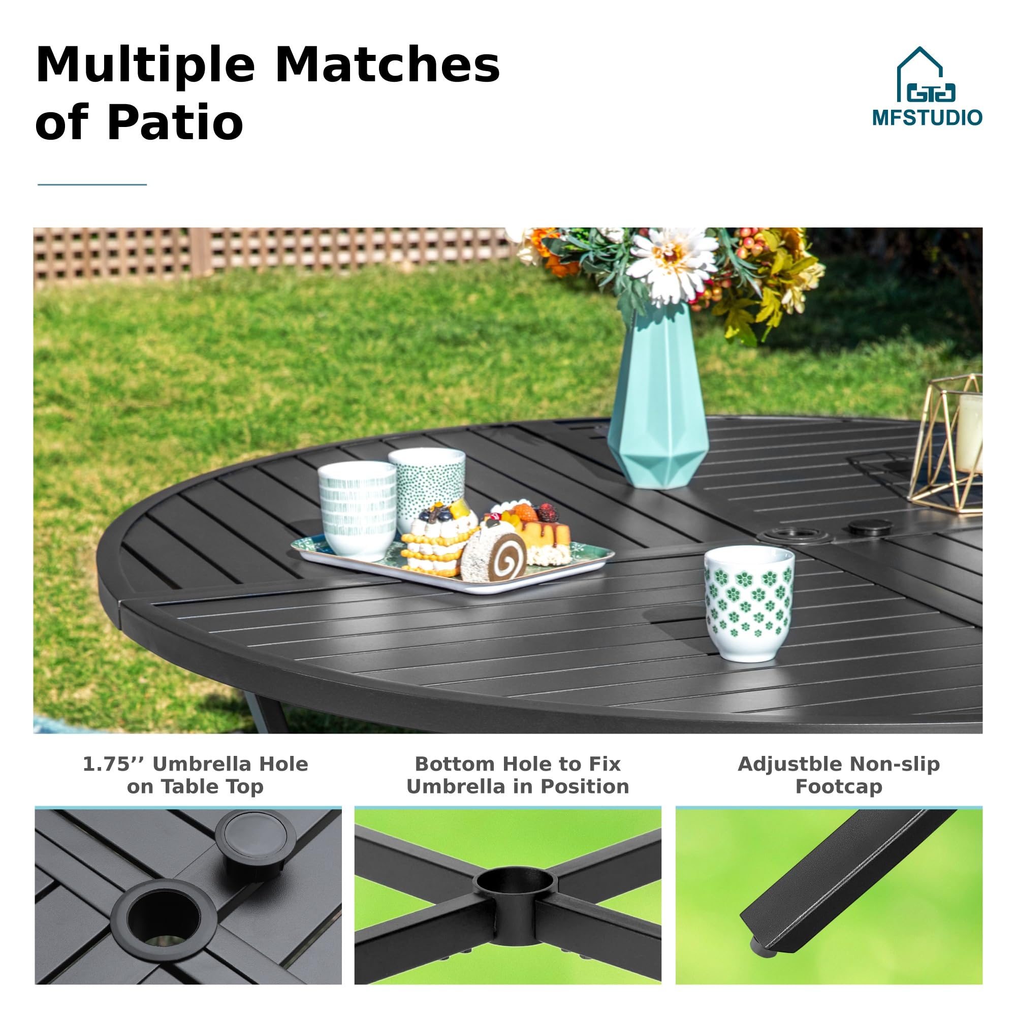 MFSTUDIO 5-Piece Outdoor Rattan Dining Set for 4 with Swivel Chairs, Round Patio Table & Metal High Back Chairs - Perfect for Backyard, Garden, and Poolside Entertaining