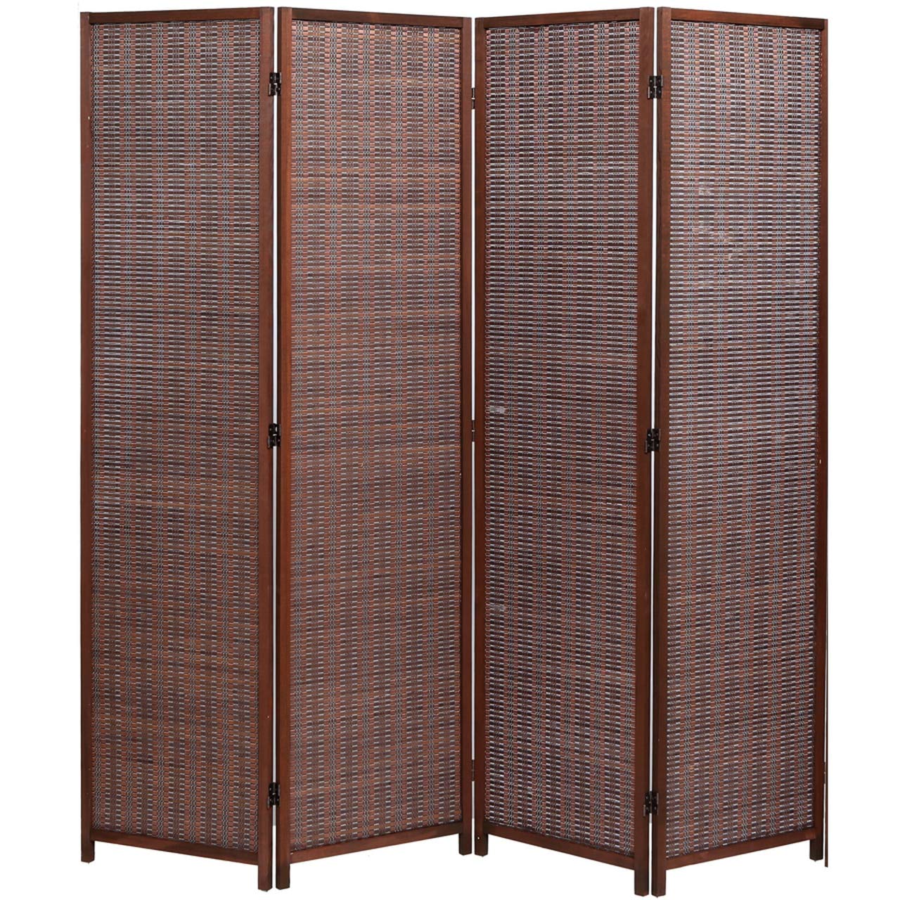 Legacy Decor 4-Panel Wood & Bamboo Woven Room Divider - Brown Folding Privacy Screen for Bedroom, Living Room, Office Space
